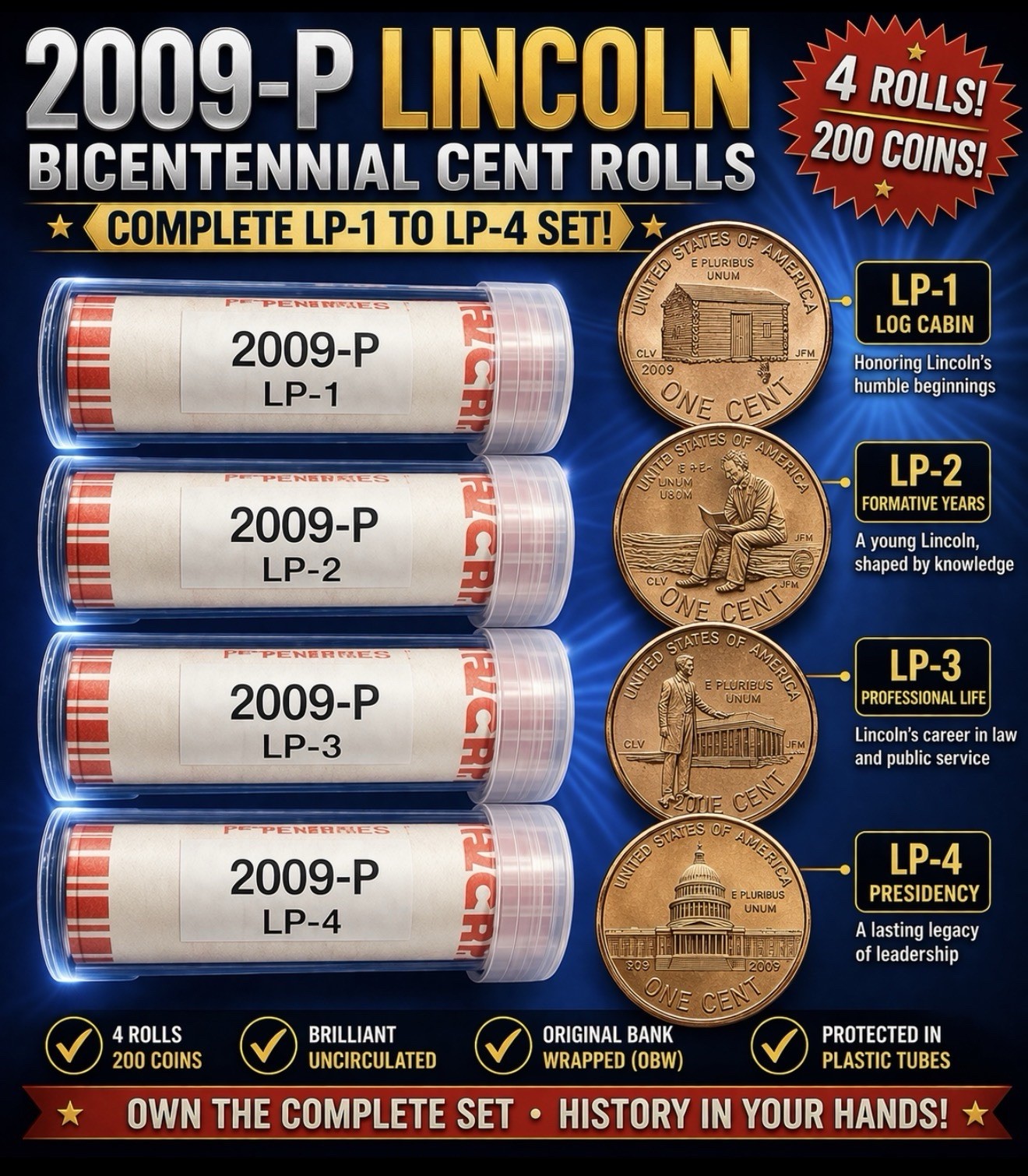 🔥2009-P Lincoln Bicentennial Cent Rolls Set LP1-LP4 BU OBW Philadelphia Mint🔥