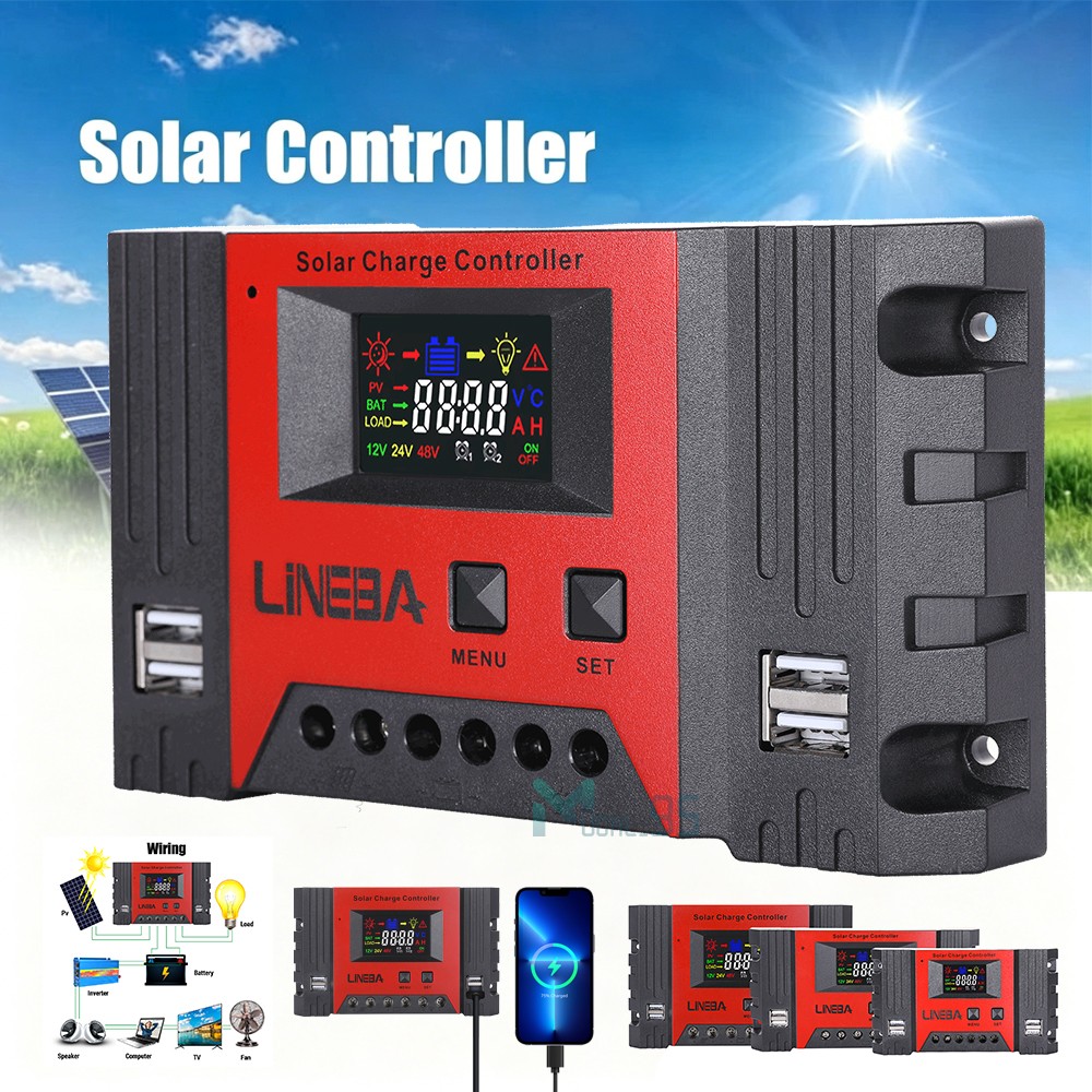 30A Solar Charge Controller 100A PWM Regulator for 12V 24V with 4 USB Ports