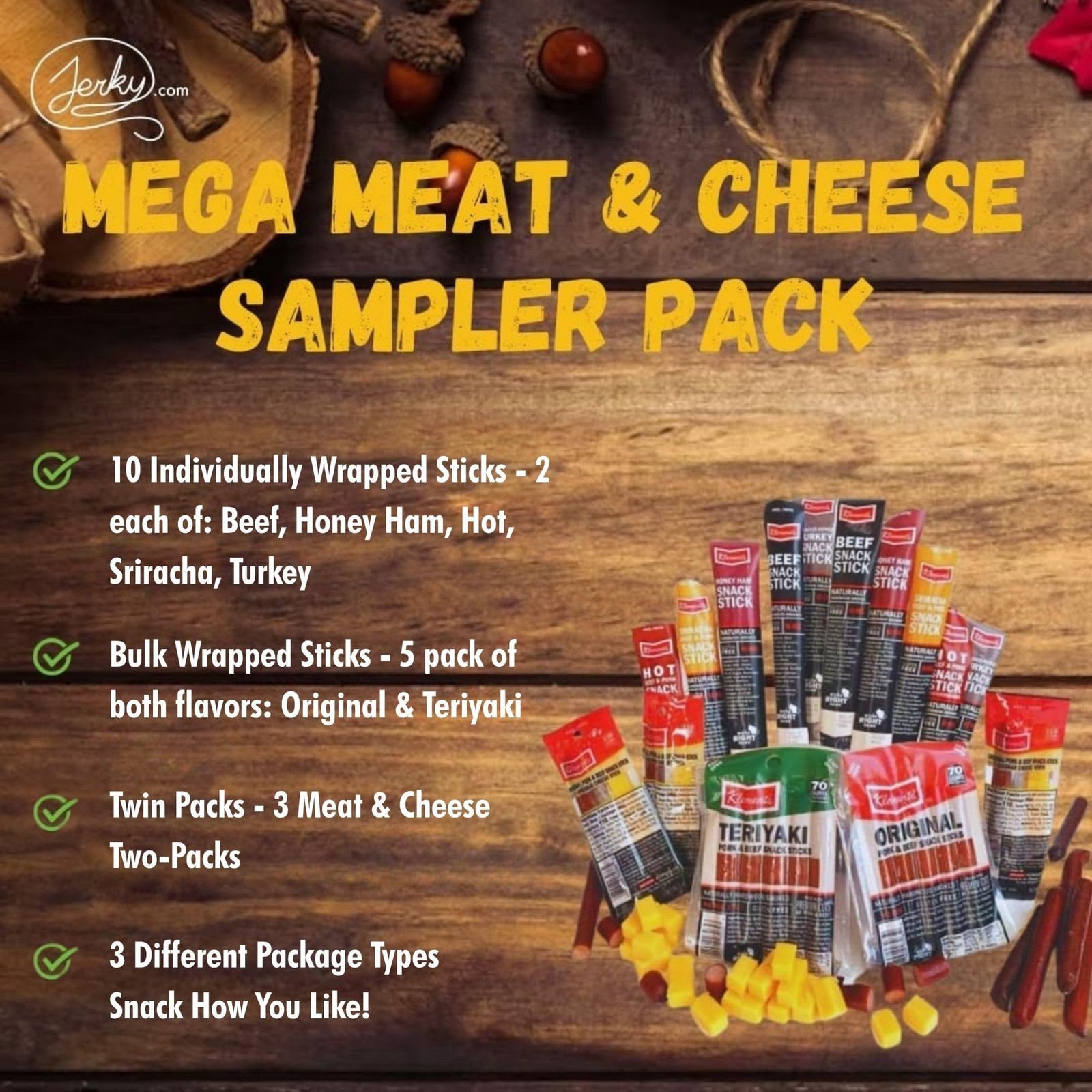Jerky.com Meat & Cheese Sticks Sampler | 26pc Meat Sticks Variety Pack with Beef