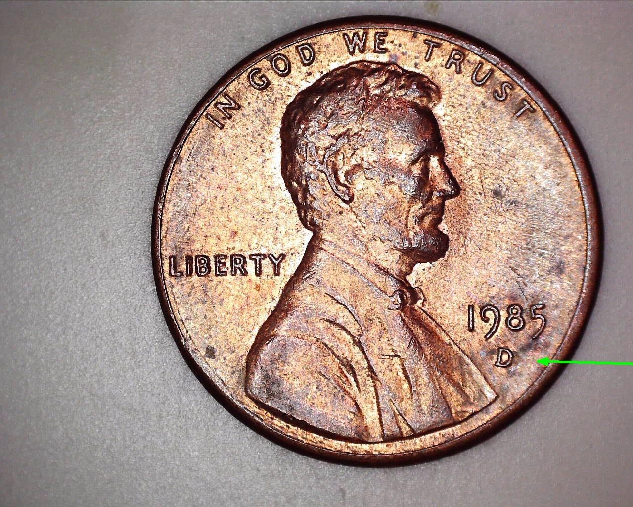 1985 Denver Lincoln Penny - "Tilted" Mint Mark