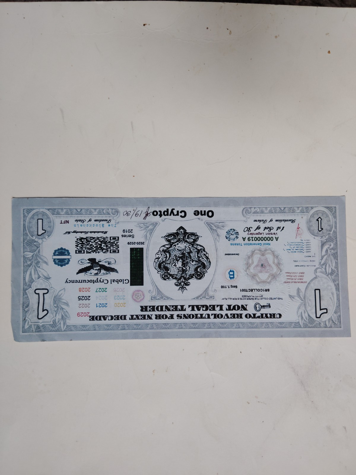 2019 One Crypto Novelty Note 19/30 Collectible Fan-Made PropArt Not Real Money