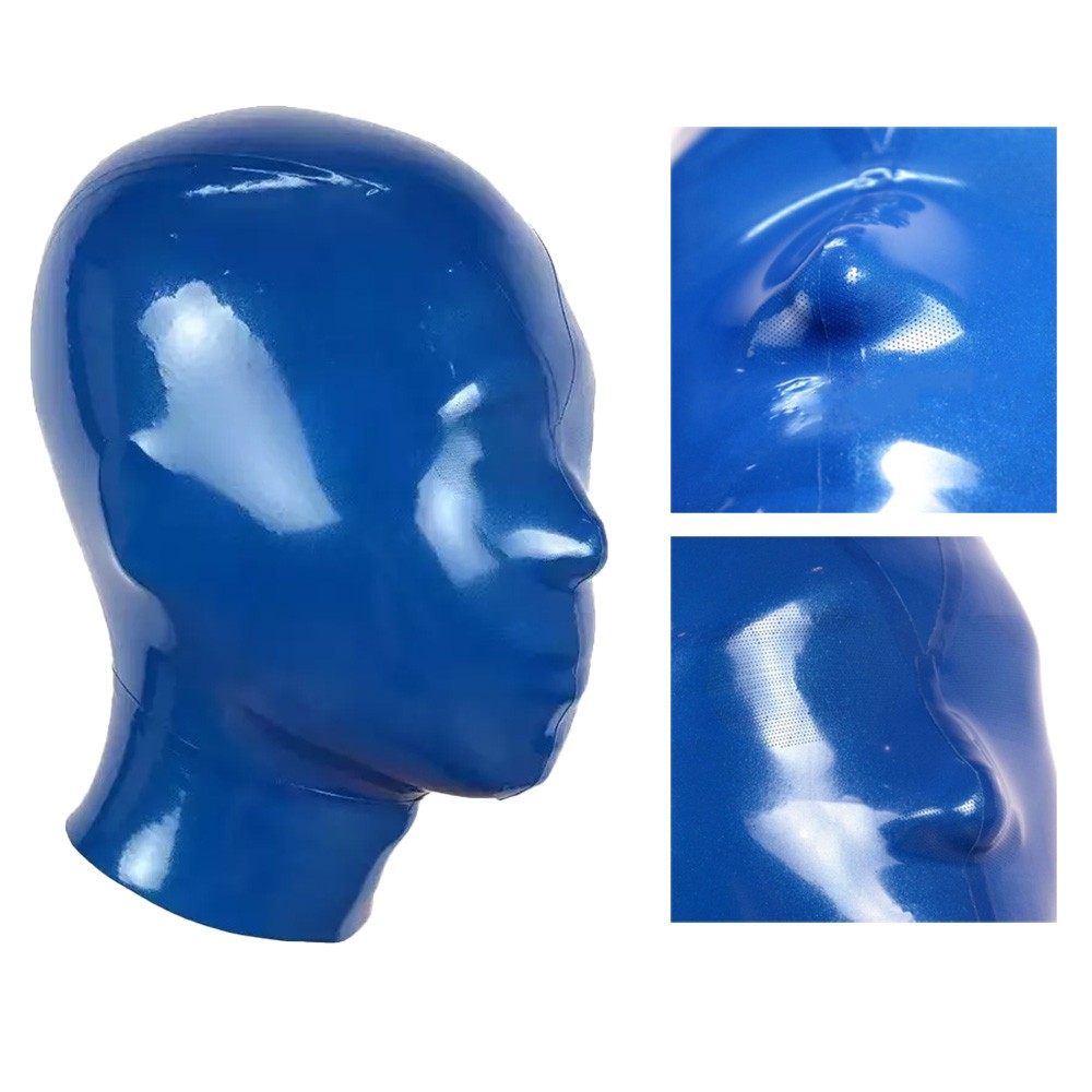 Blue Latex Hood with Face Small Mesh Hole Rubber Mask Fetish Clubwear BDSM