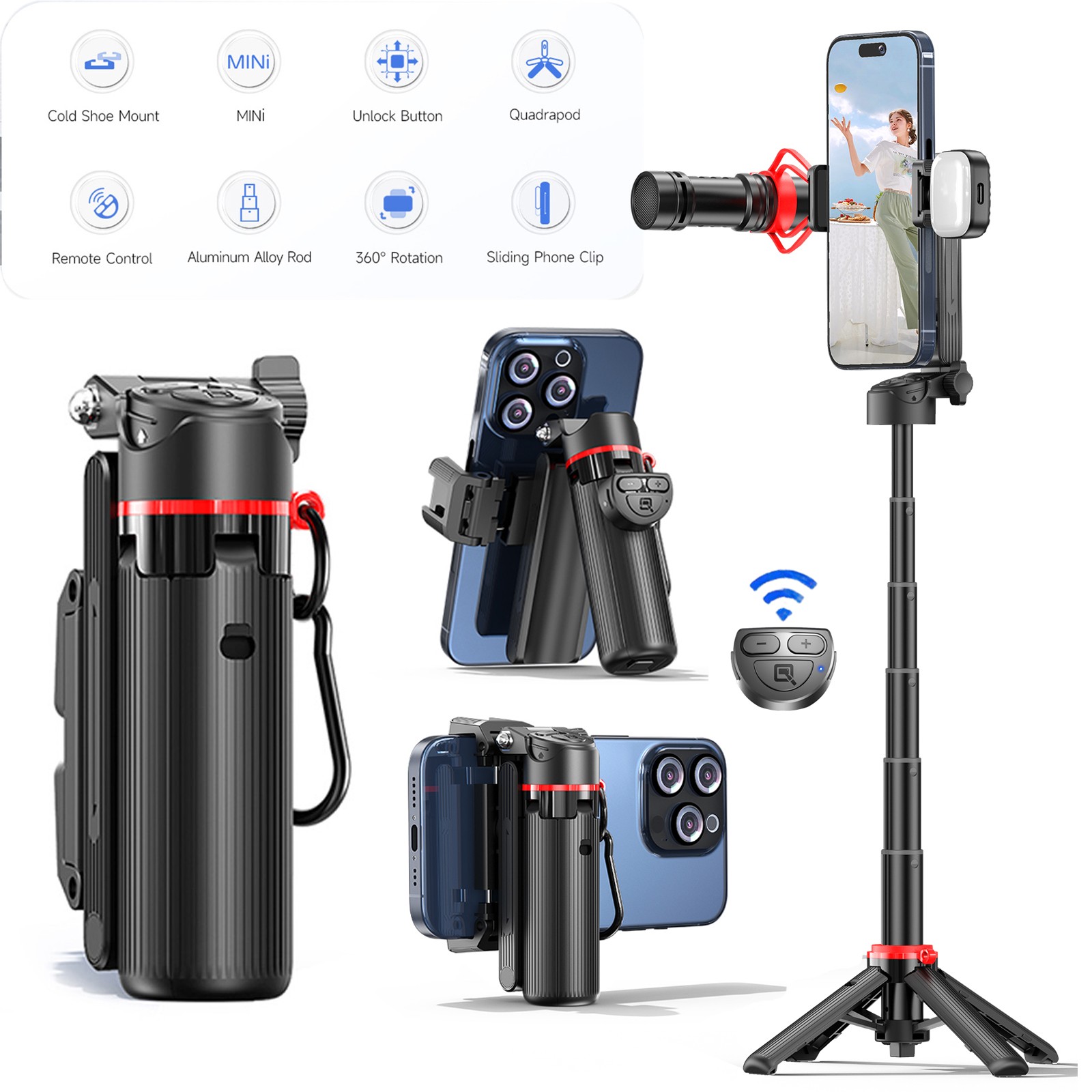 Magnetic Selfie Stick Phone Tripod 360° Rotation with Remote For iPhone Android