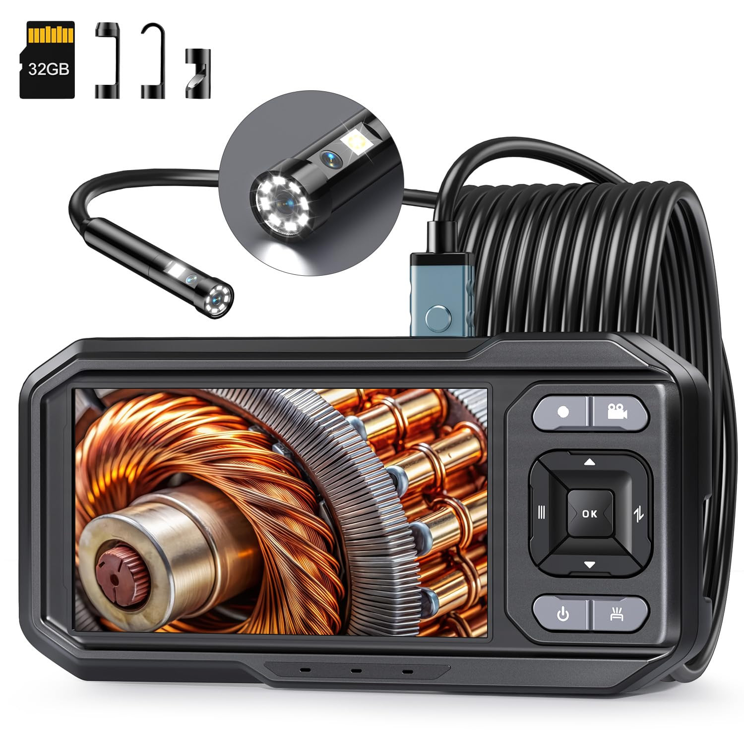 4.5 Inch Dual-Lens Industrial Endoscope, 1080P Photo Video Borescope Inspecti...