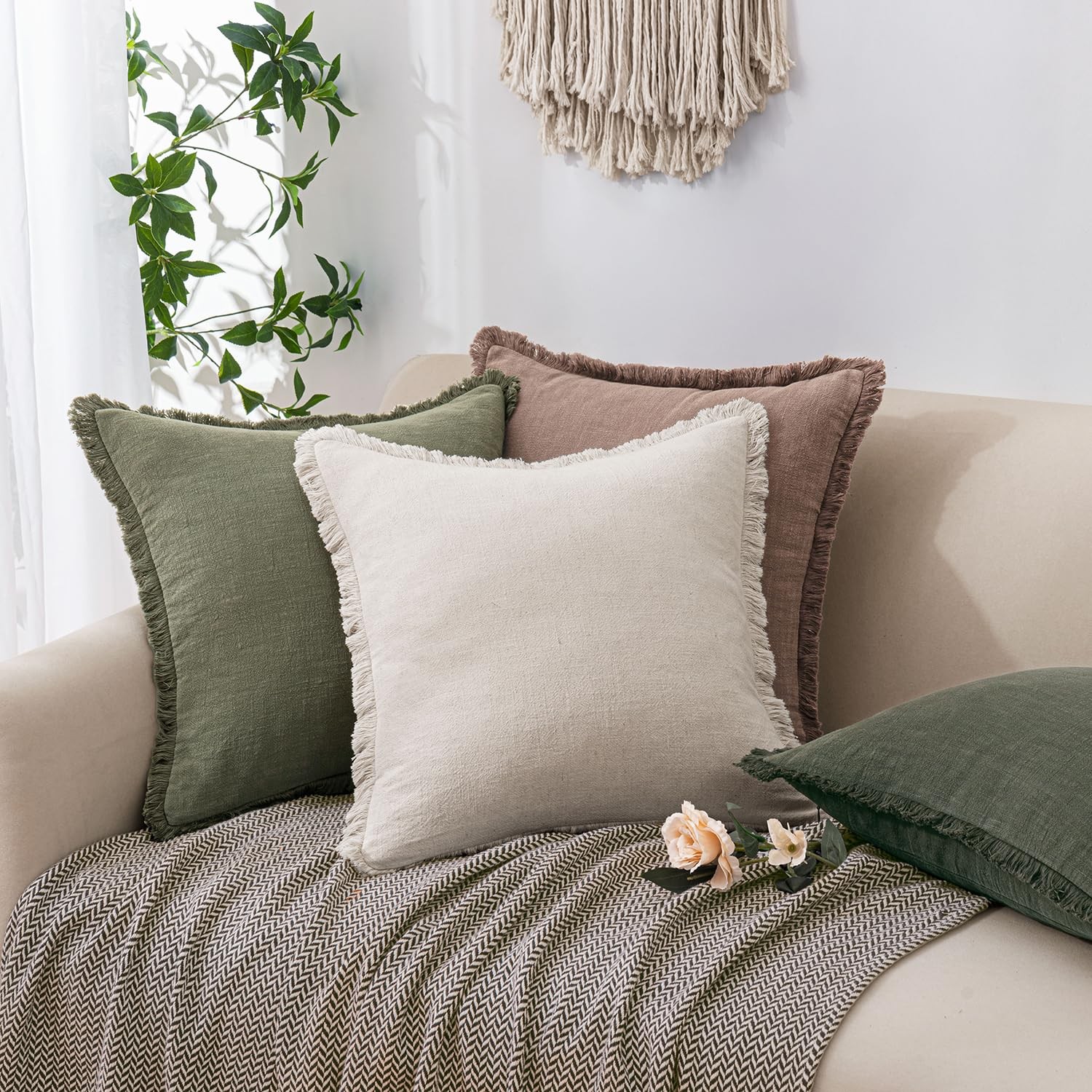 Decorative Linen Fringe Throw Pillow Covers Boho Farmhouse Soft Accent Pillow...
