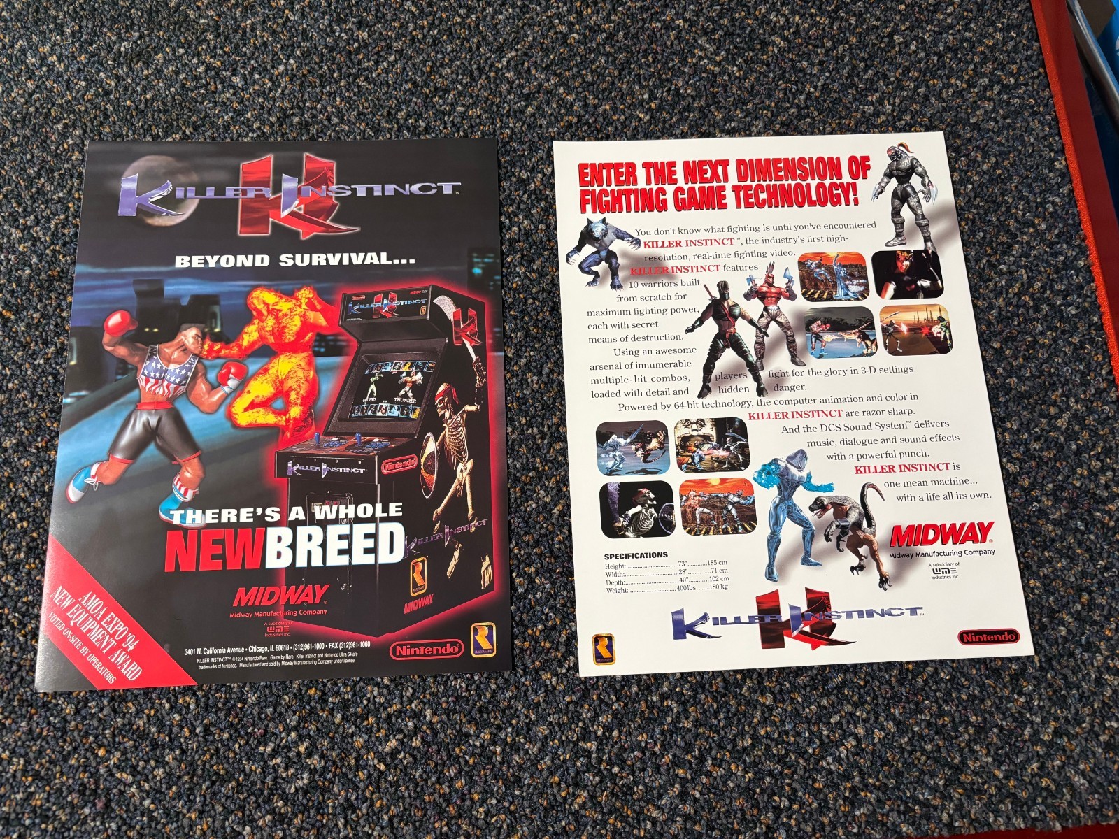 2 1995 BALLY MIDWAY FACTORY ORIGINAL KILLER INSTINCT ONE FLYERS W/ BONUS FLYER