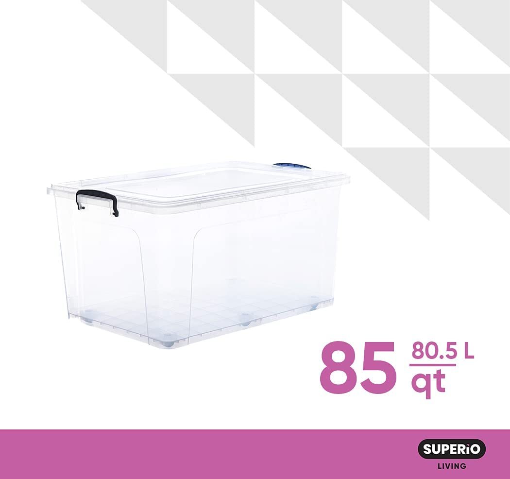 Superio Deep Clear Plastic Stackable Wheeled Storage Bin with Lid, 85 Qt, 2 pack