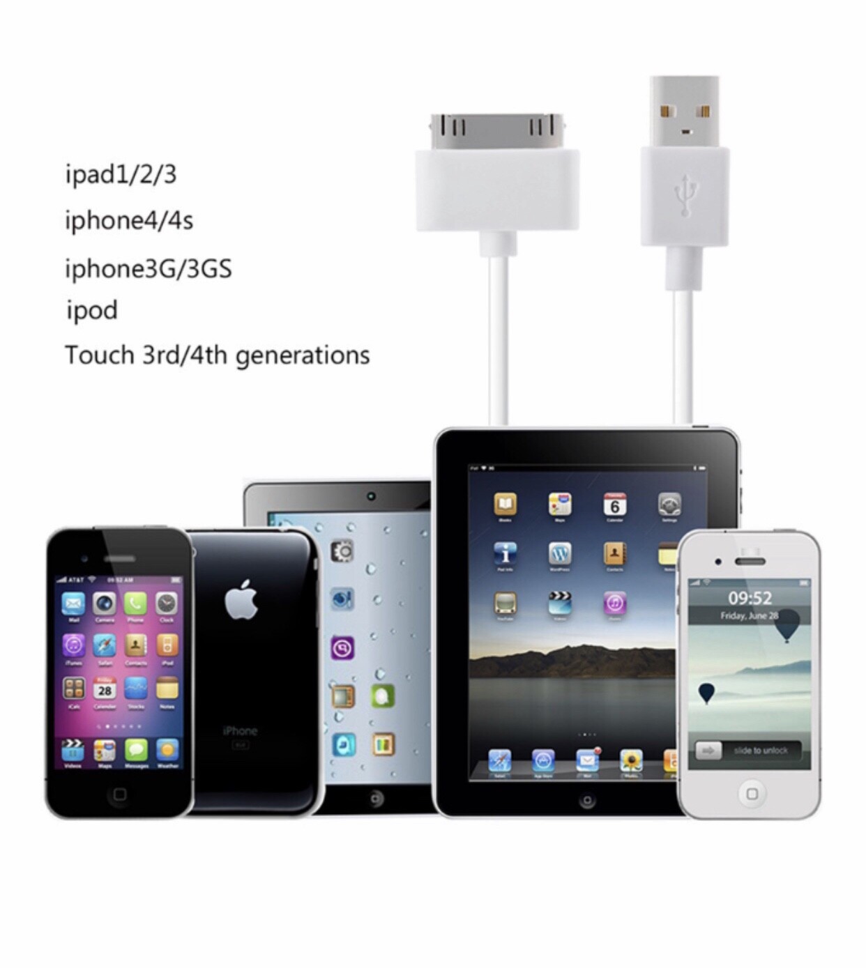 6FT USB Charger Cable for iPhone 4 4S iPod 1 2 3 4 Generation iPad 2nd 3rd