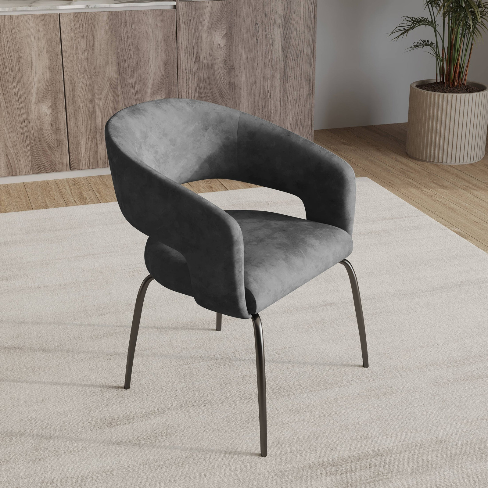 Dining Chair in Velvet with Open Curved Backrest Iron Base in Charcoal