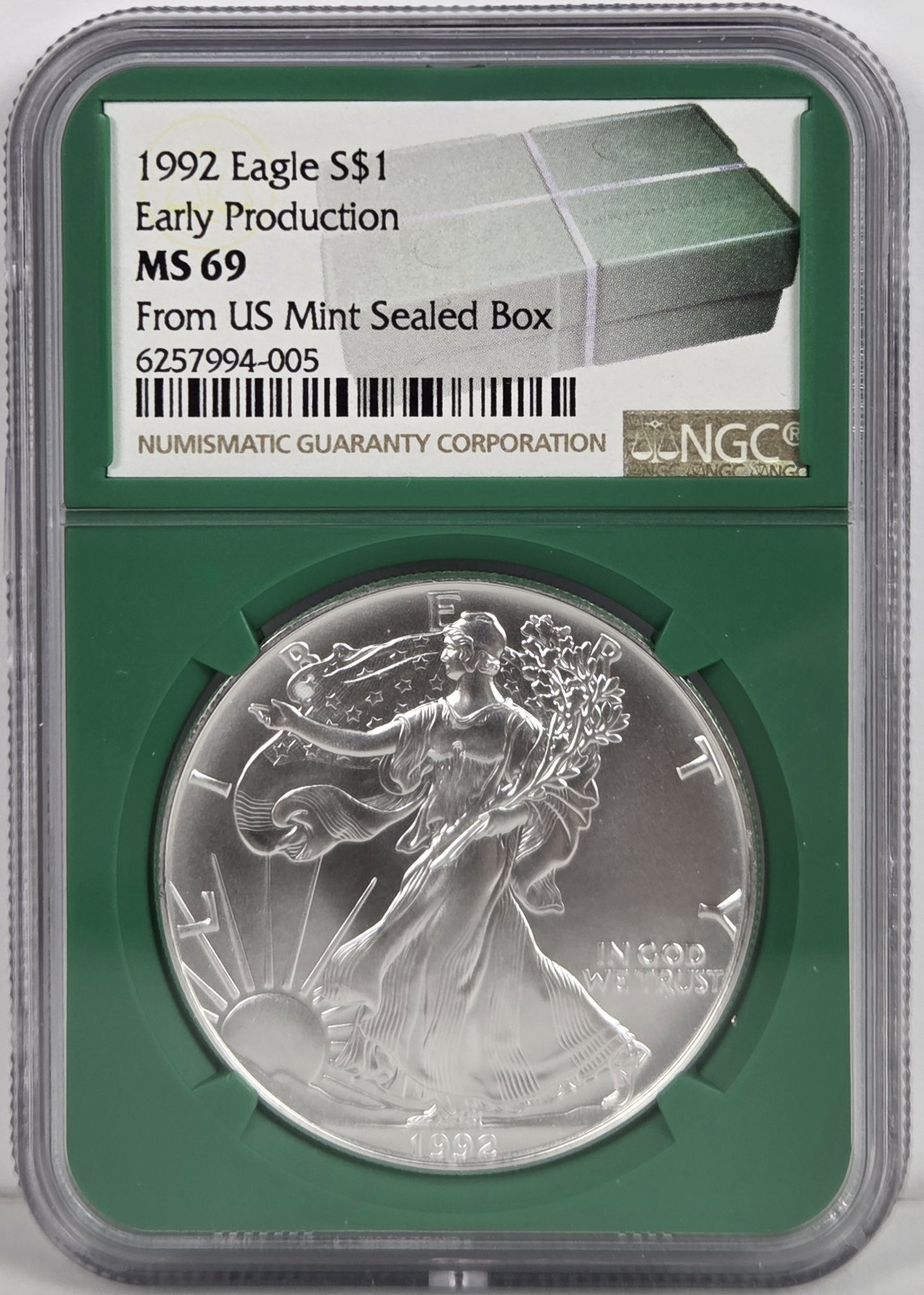 1992 Eagle S$1 Early Production MS 69 From US Mint Sealed Box Green Core NGC