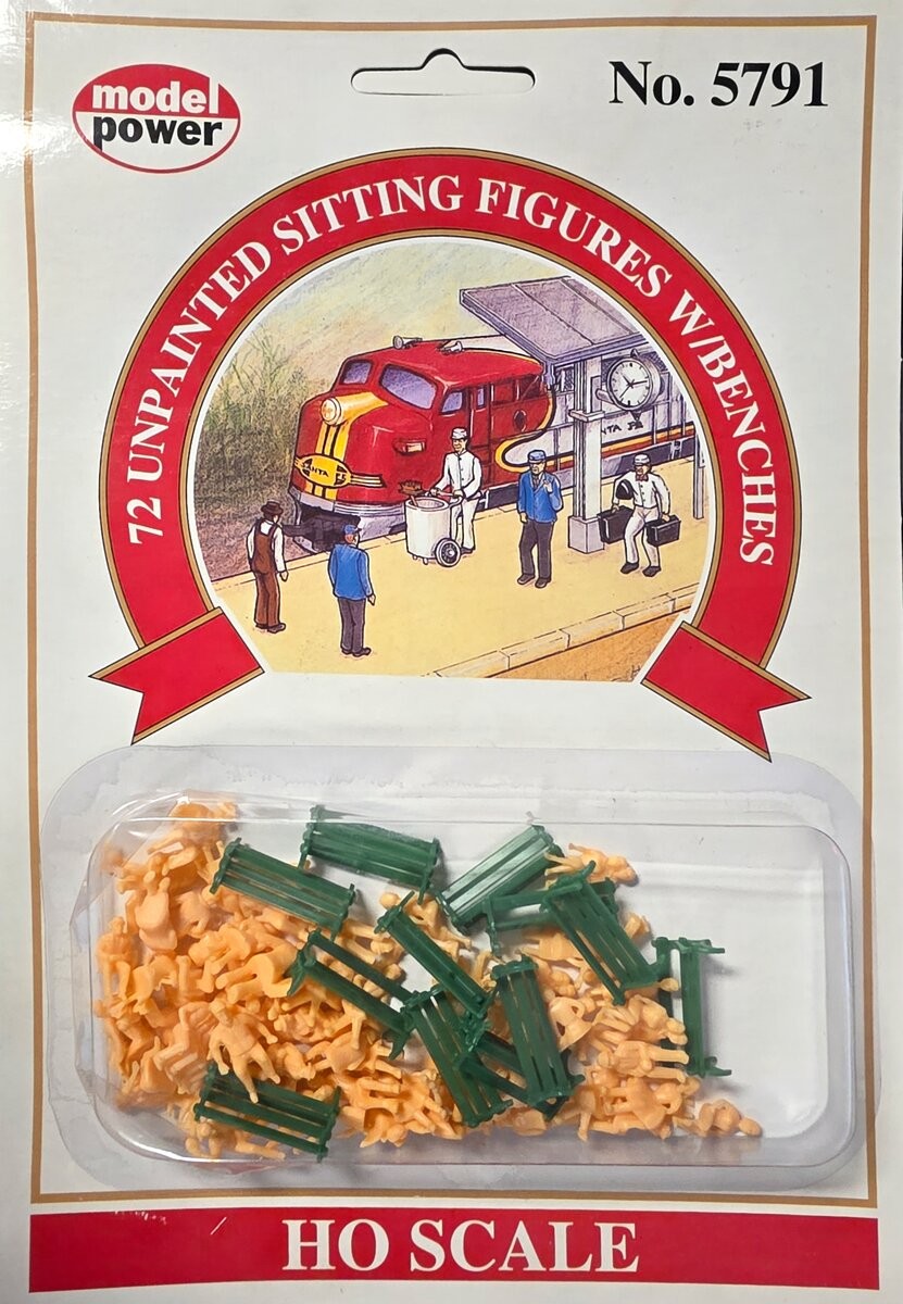 Model Power 5791 HO Unpainted Sitting Figures W/Benches  (Set of 72)