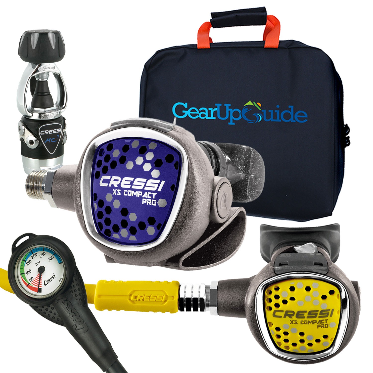 Cressi MC9/SC Compact Pro Scuba Regulator Set w/ Gear up Guide Reg Bag