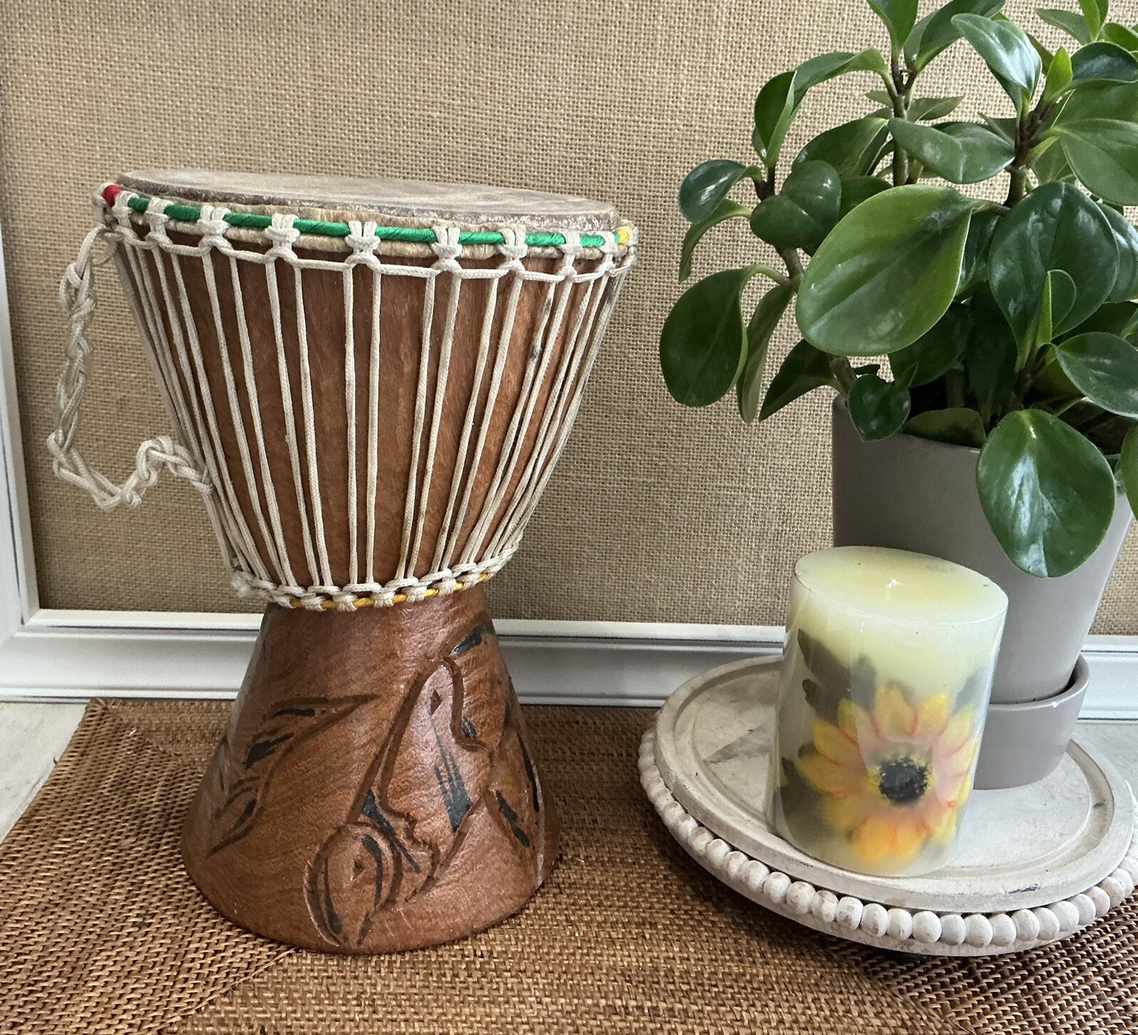 Vtg Handmade 11” Tall Oak Carved Djembe Drum W/Handle