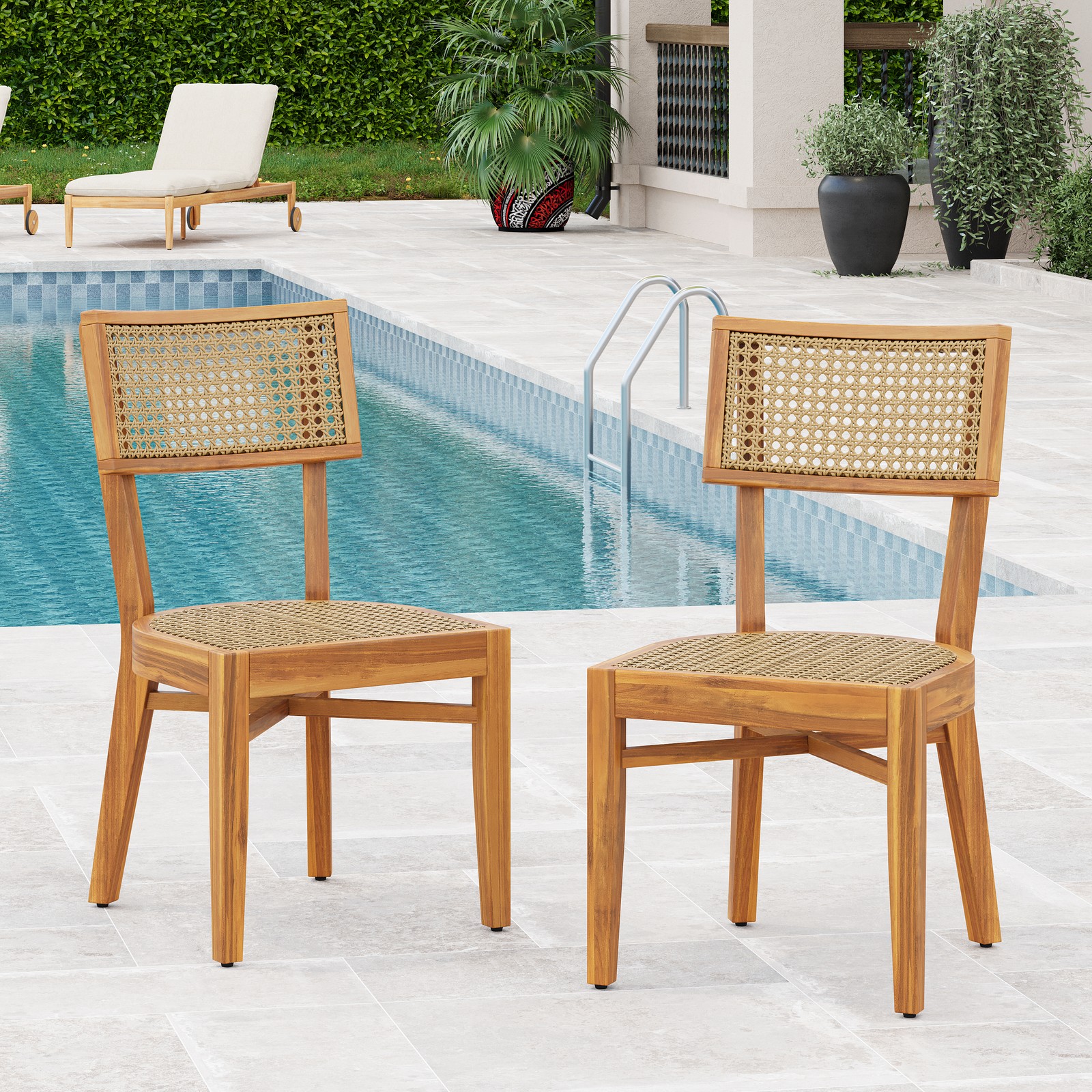 Set of 2 Acacia Wood Dining Chairs - Woven Rattan Seat & Back, Outdoor Patio