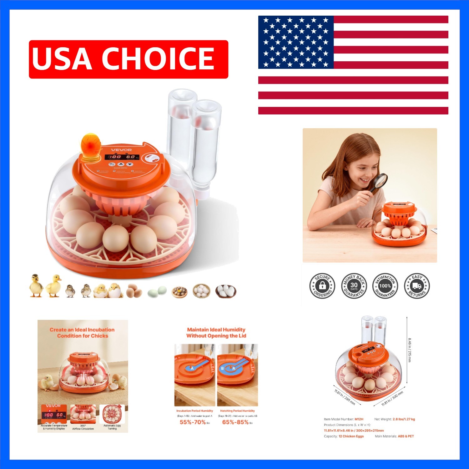 12 Egg Incubator, Automatic Egg Turner with LED Candler, Temperature & Humidi...