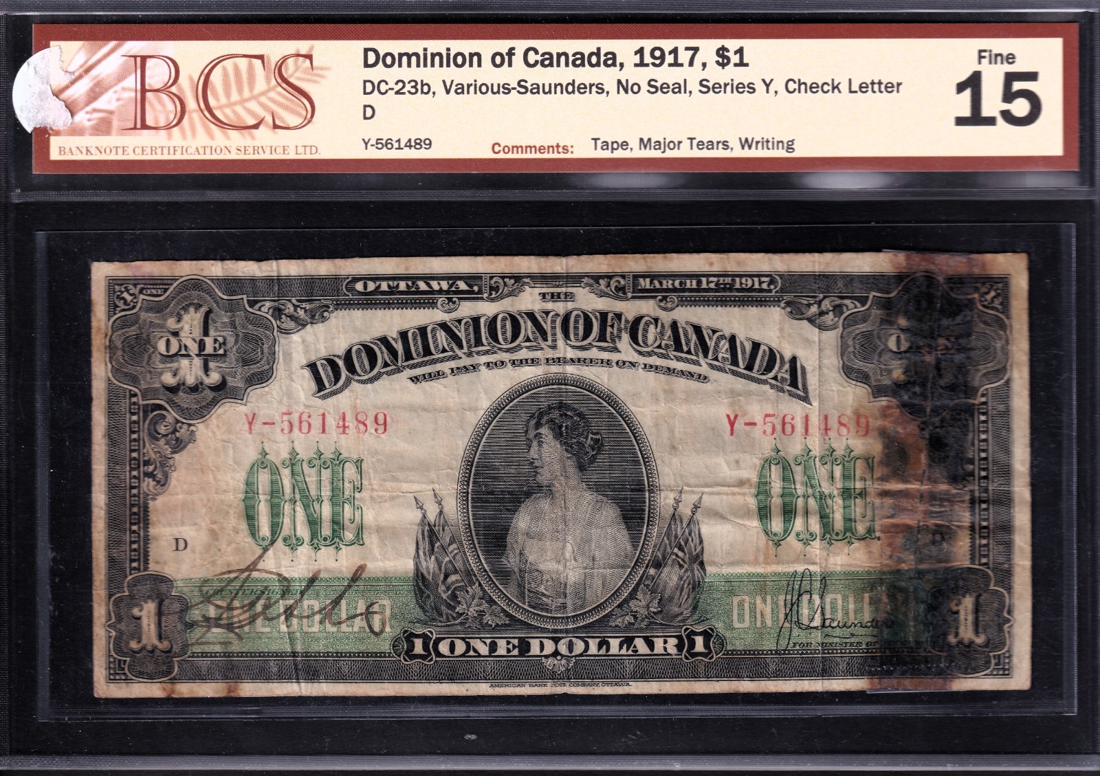 Dominion Of Canada 1917 $1 One Dollar Banknote BCS Graded F15 No Seal Series Y