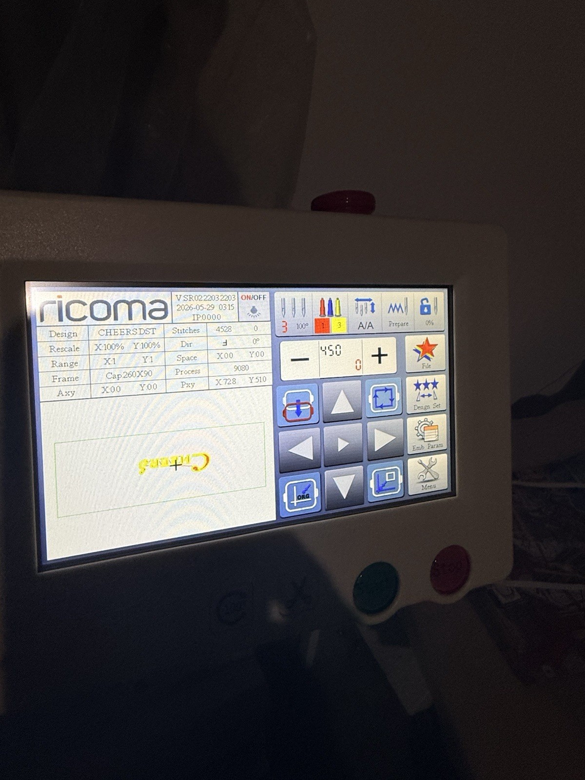 Ricoma Single Head 15-Needle Embroidery Machine Touchscreen Control