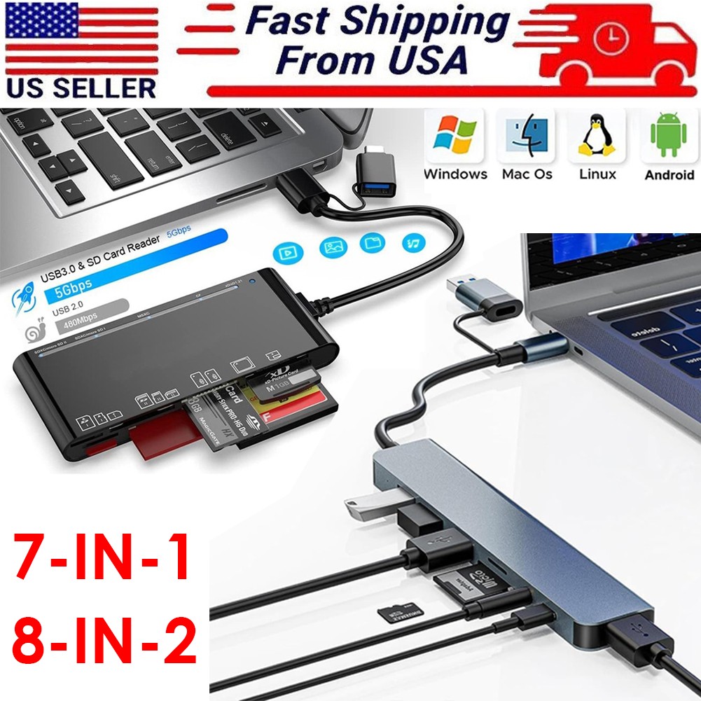 7 in 1/ 8 in 2 USB C USB 3.0 HUB Adapter High Speed USB Splitter for PC Laptop