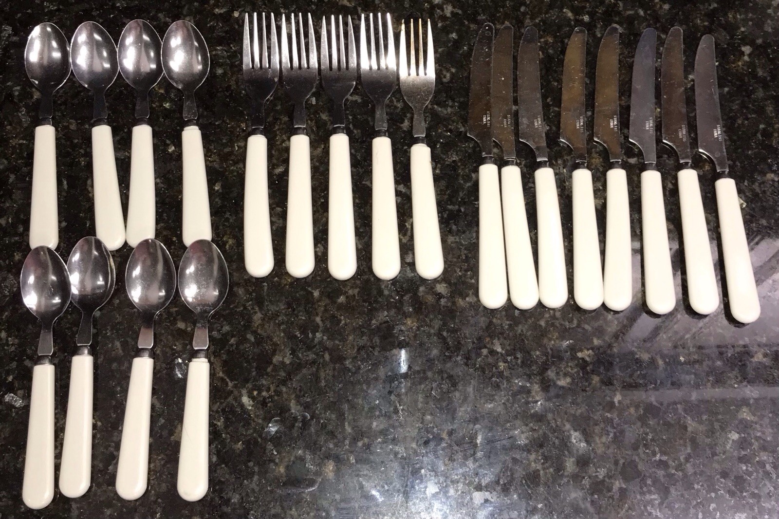 Vintage White Cream Plastic Handle Flatware Stainless Silverware 21 pc