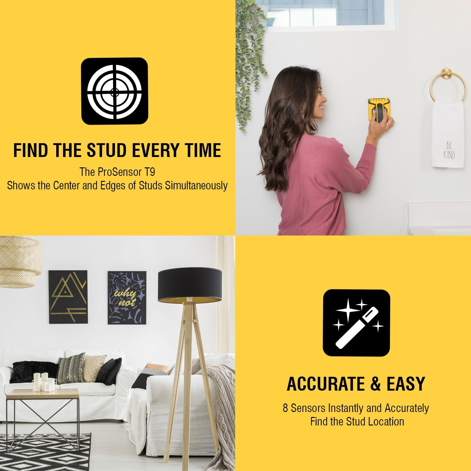 Prosensor T9 Stud Finder, 8-Sensor Wall Scanner | Wood & Metal Stud Detector, Ma