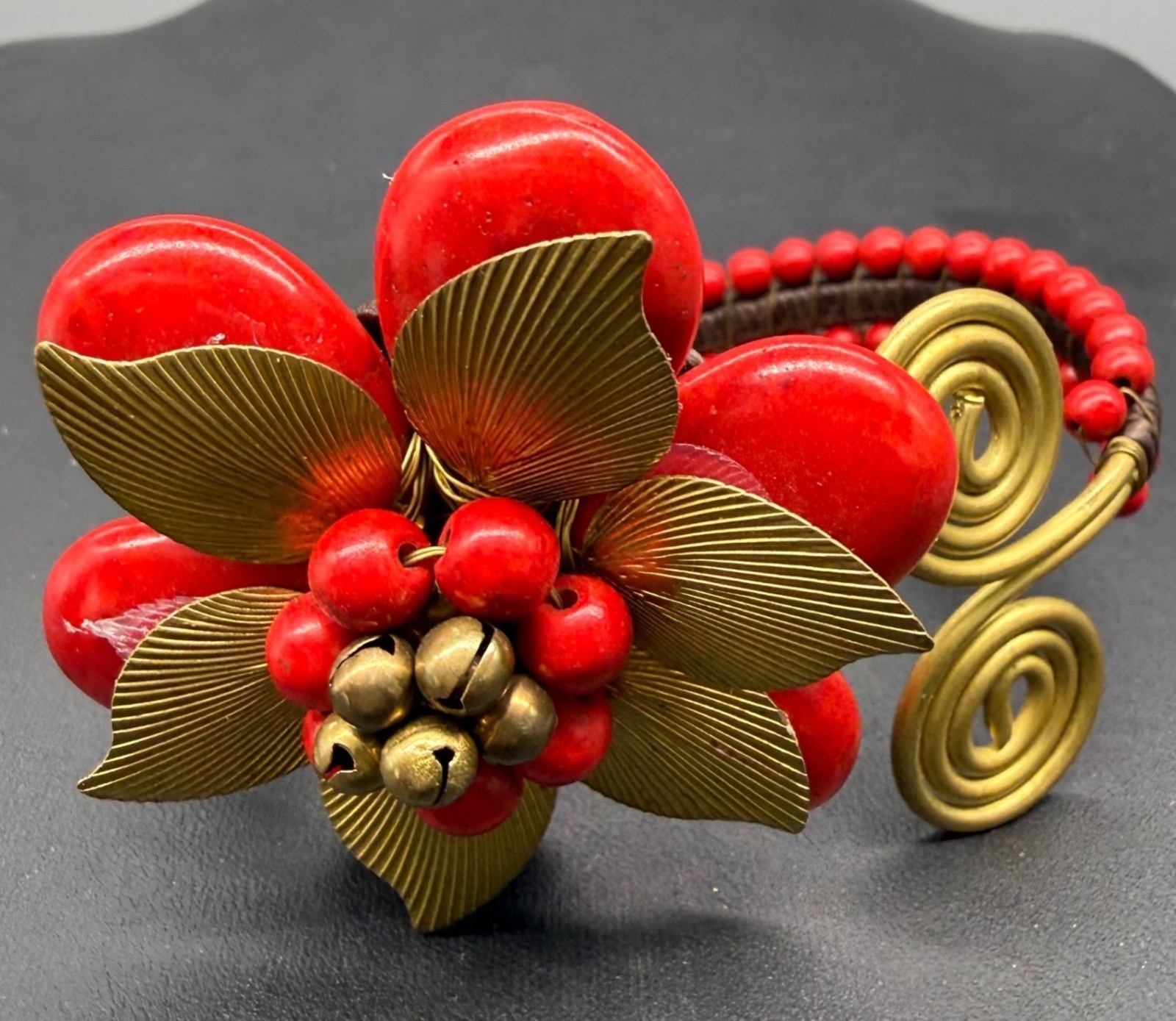 Red Beaded Floral Bracelet Gold Metal Accents & Spiral Design Handmade Style
