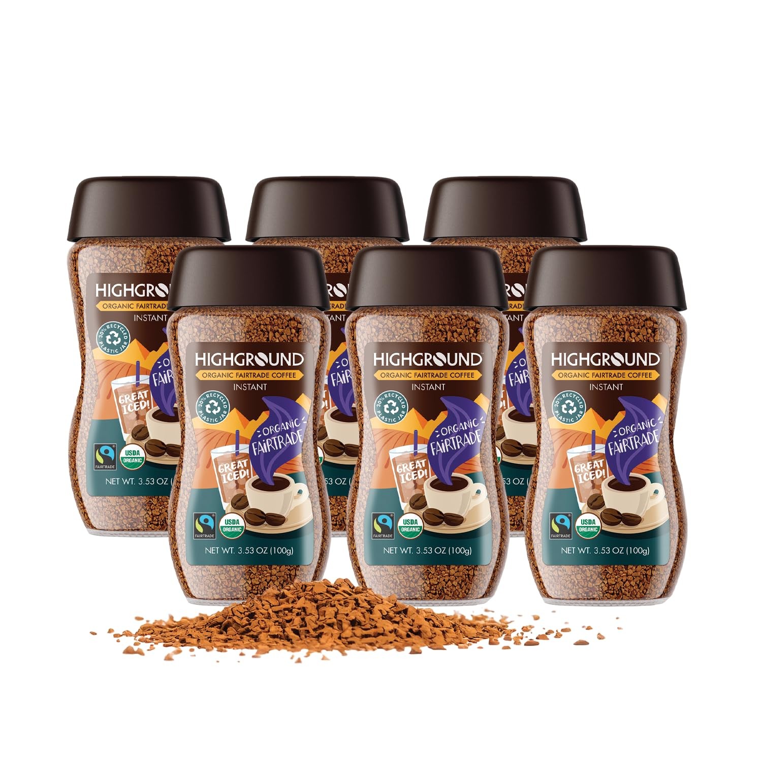 Highground Organic Regular Instant Coffee, Vegan, 3.53 Ounce (Pack of 6)