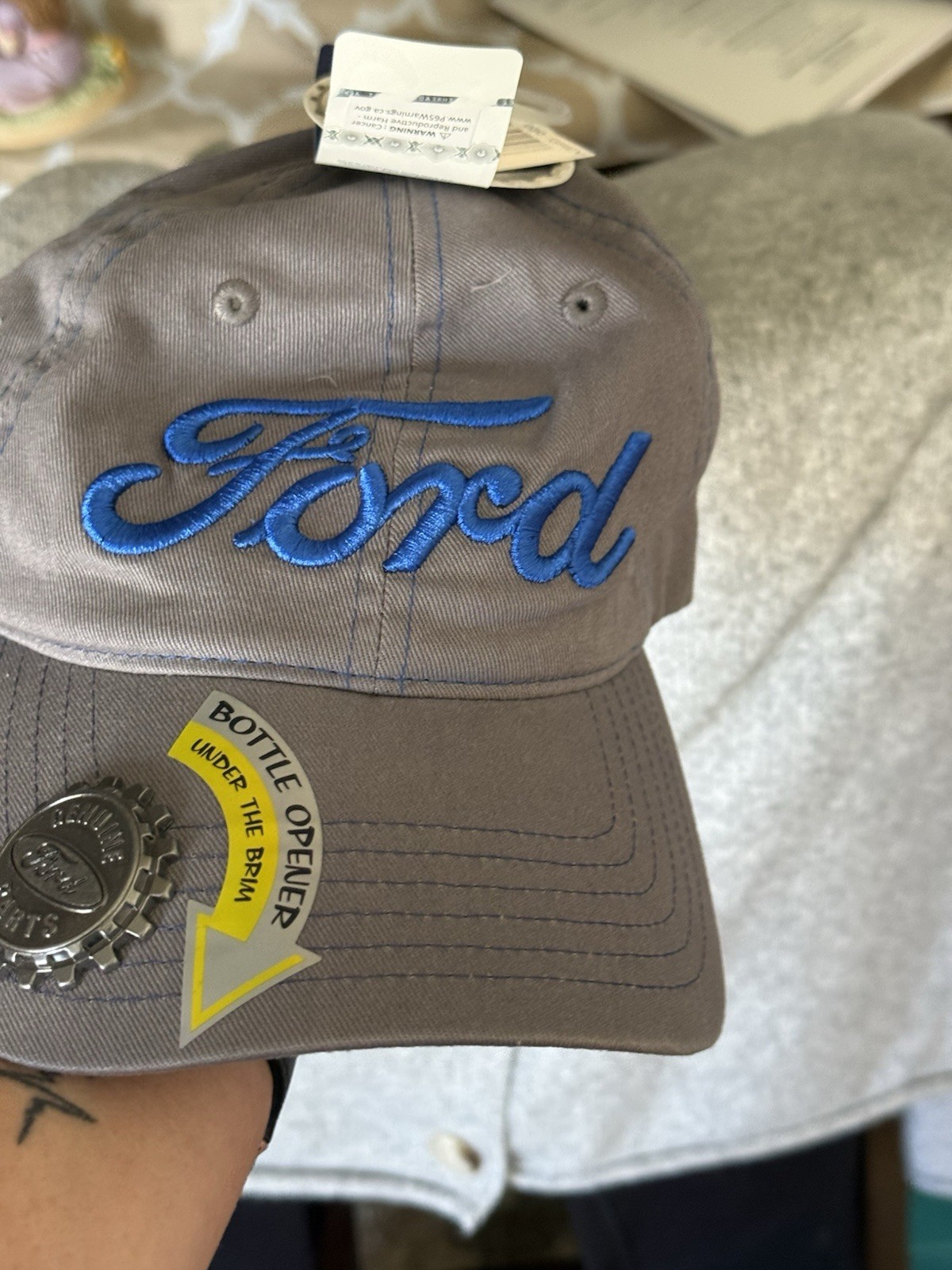 New Ford Hat Embroidered Logo W/ Attached Beer Bottle Opener Adjustable Grey