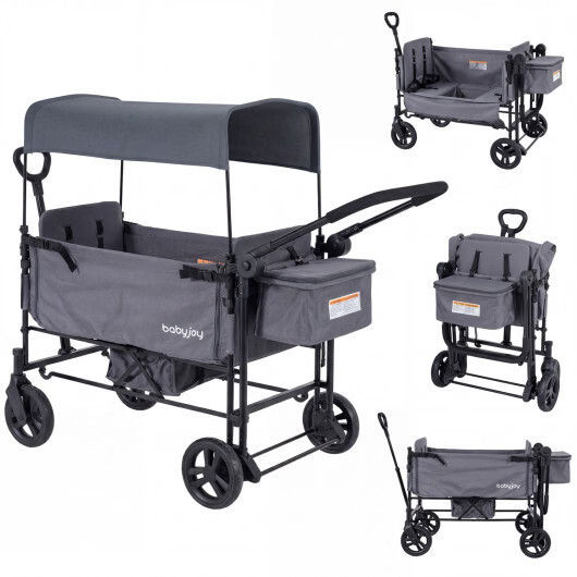 Foldable Wagon Stroller For 2 Kids Removable Canopy Adjustable Push Handle
