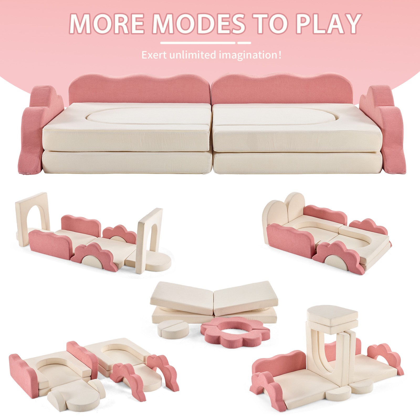 Modular Kids Sofa, All-Sponge Pink & White Corduroy, Free Combination Design