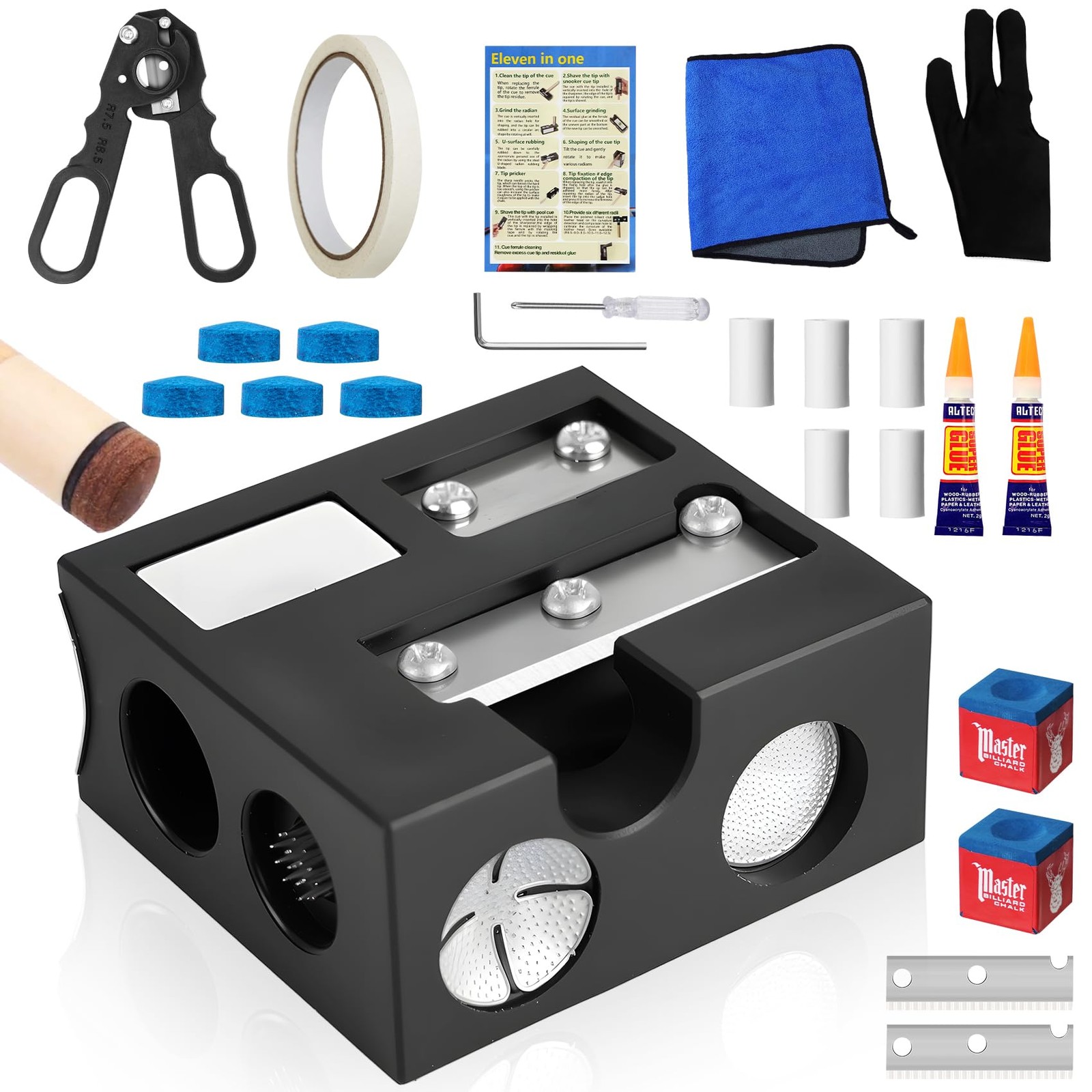 12-in-1 Billiards Pool Cue Tip Shaper, Pool Cue Tips Replacement Kit, Pool Cu...