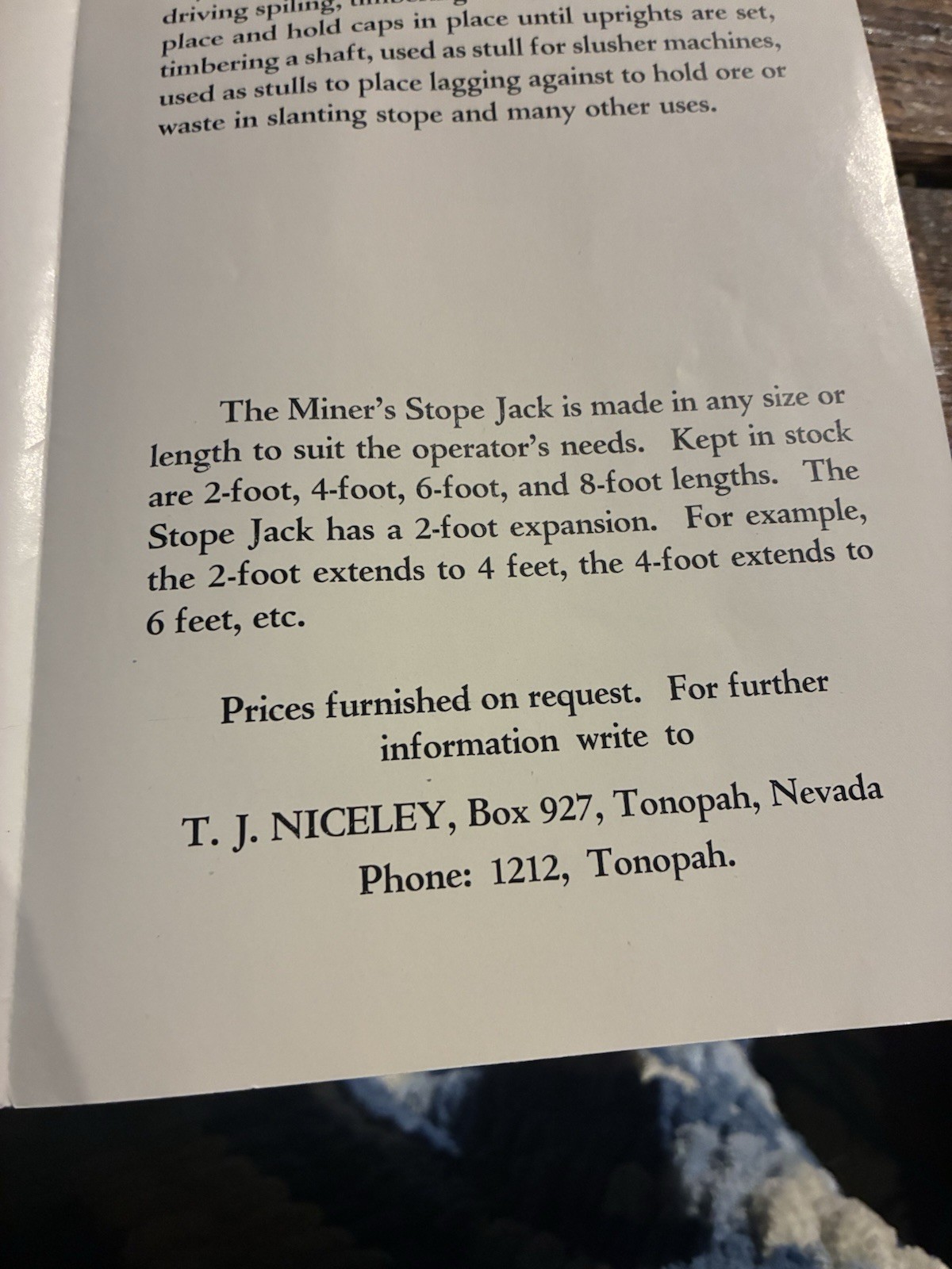 tonopah Nevada Miners Stope Jack flyer brochure belmont goldfield austin nv rno