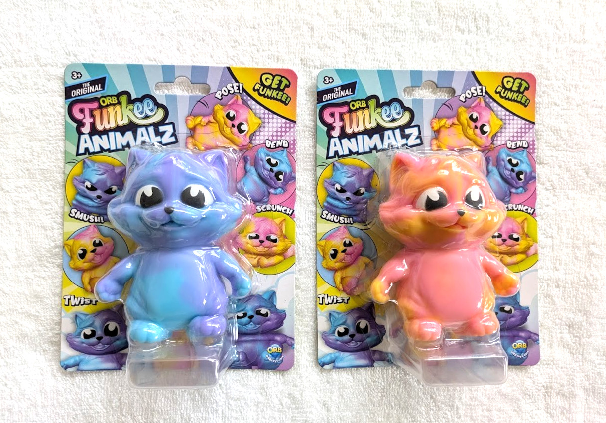 SQUISHY ORB FUNKEE ANIMALZ SCRUNCH BEND TWIST CAT AND CAT NEW LOT OF 2