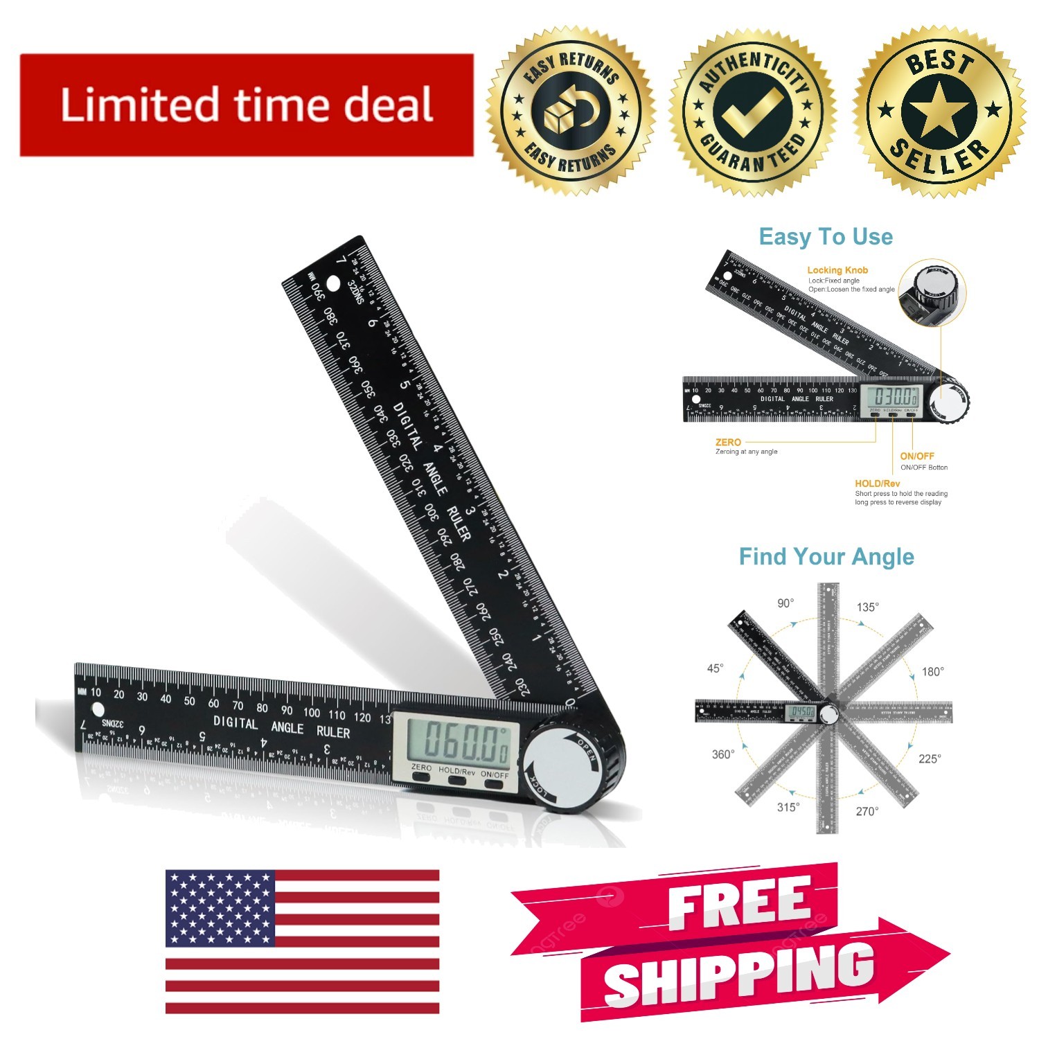 Digital Angle Ruler: 7-inch Measuring Tool with LCD for Woodworkers & Carpenters