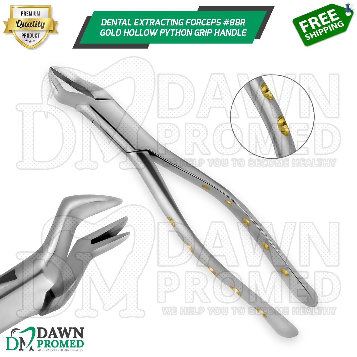 Dental Extracting Forceps #88R Gold Hollow Python Grip Handle German Grade