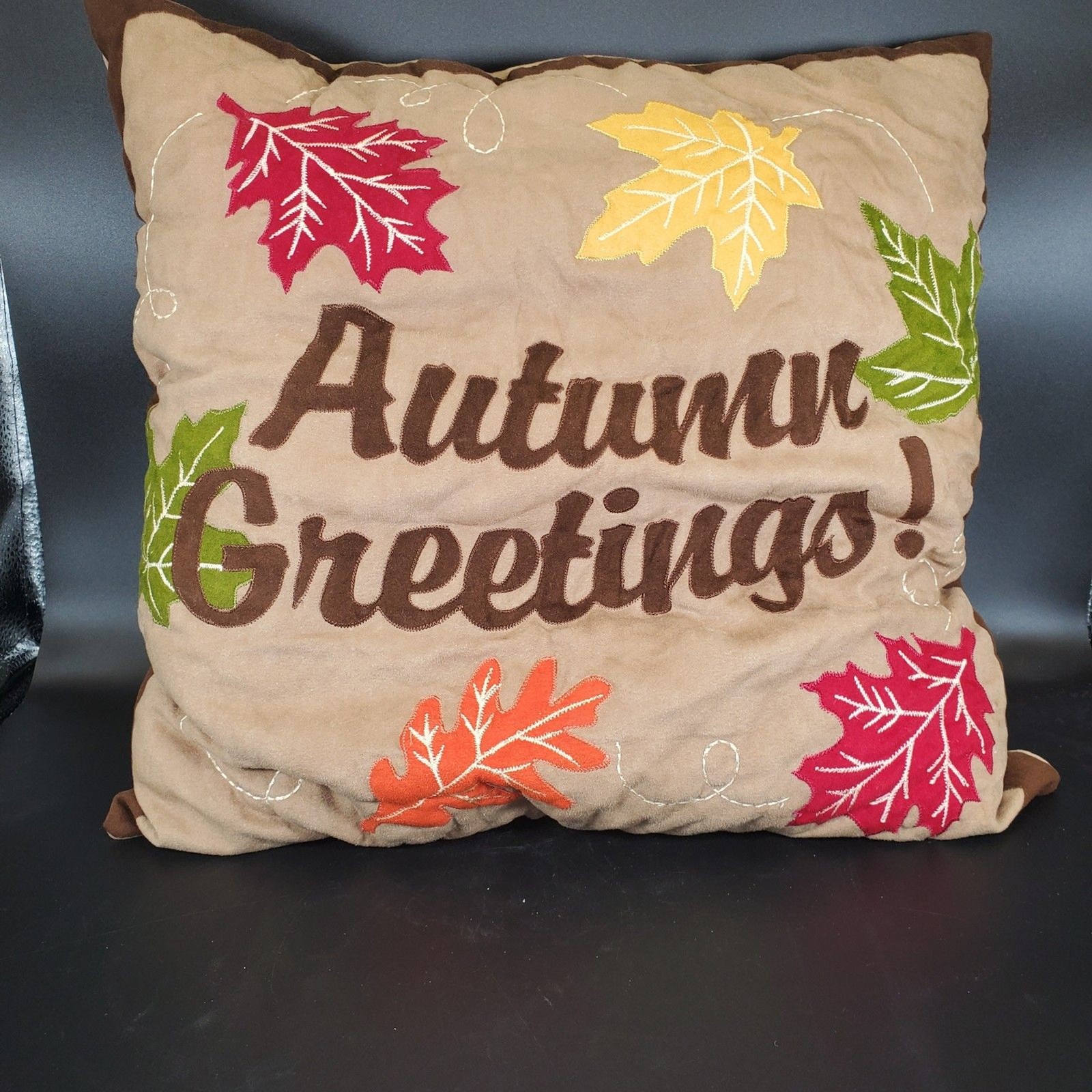 Vintage Autumn Greetings Pillow 17x17 Fall Leaves Thanksgiving Decor