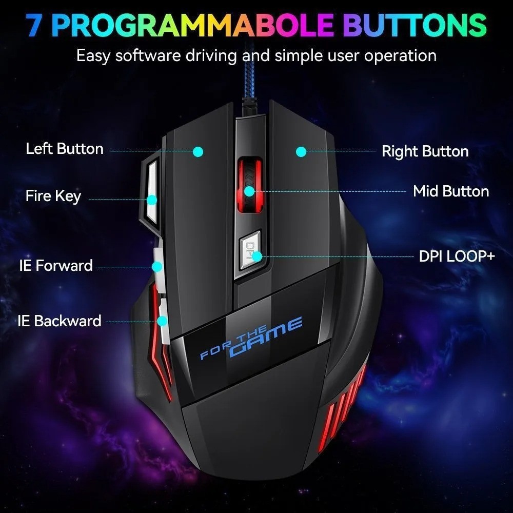 Gaming Mouse 7 Button USB Wired LED Breathing Fire Button 3200 DPI Laptop PC
