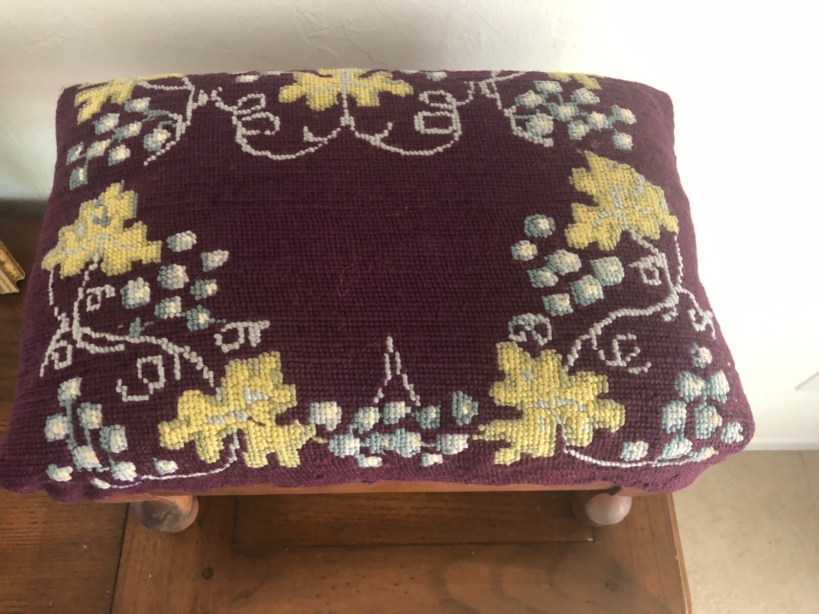 Antique Foot Stool Needlepoint Grapes & Leaf on Plum Background Wool 10" Tall