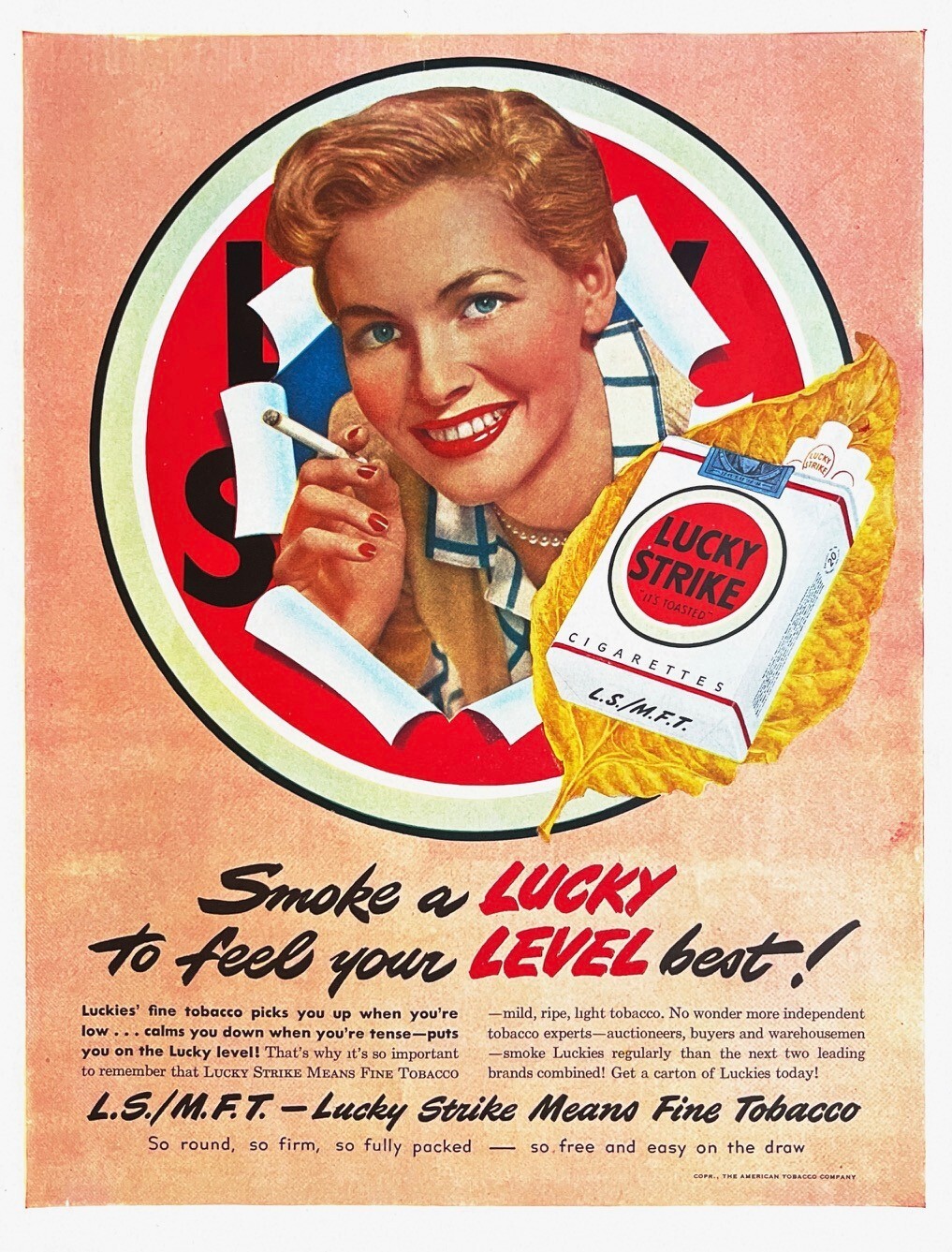 1949 LUCKY STRIKE Genuine Vintage Print Ad Cigarettes 10" X 14" Pretty Woman