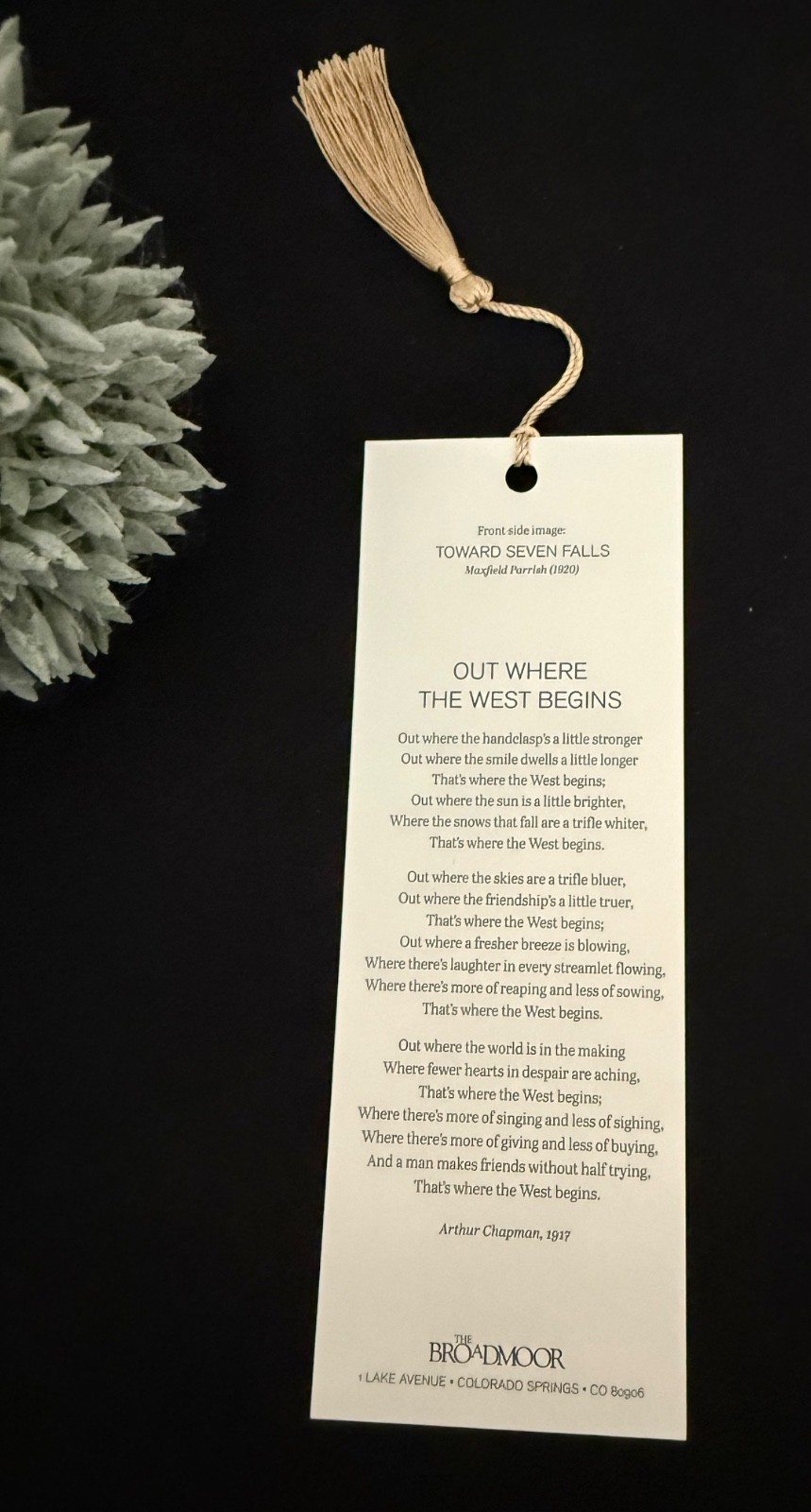 THE BROADMOOR SEVEN FALLS Colorado BOOKMARK | Out Where the West Begins POEM