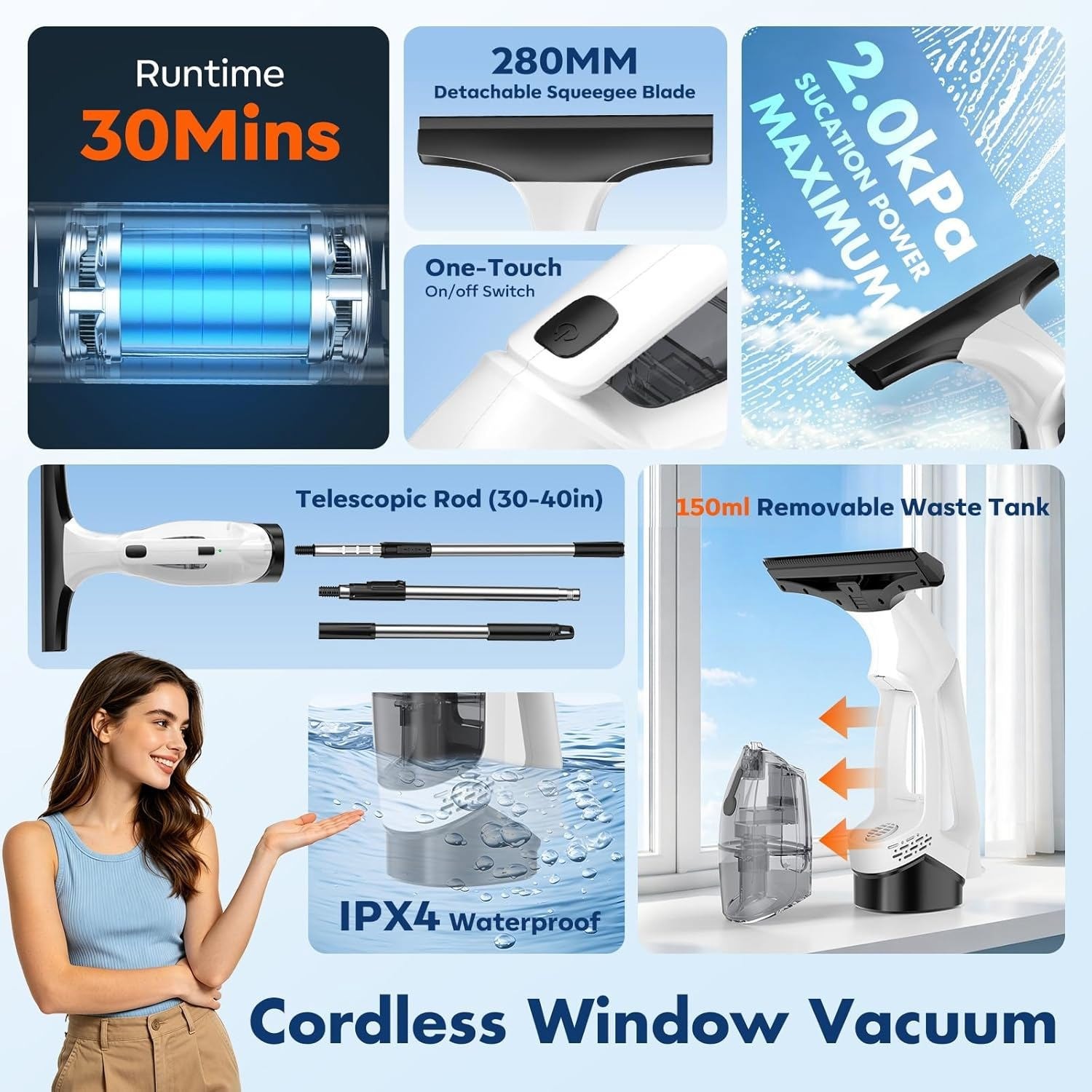 Window Vacuum Squeegee Cordless with Extension Pole,Electric Window Cleaner Tool