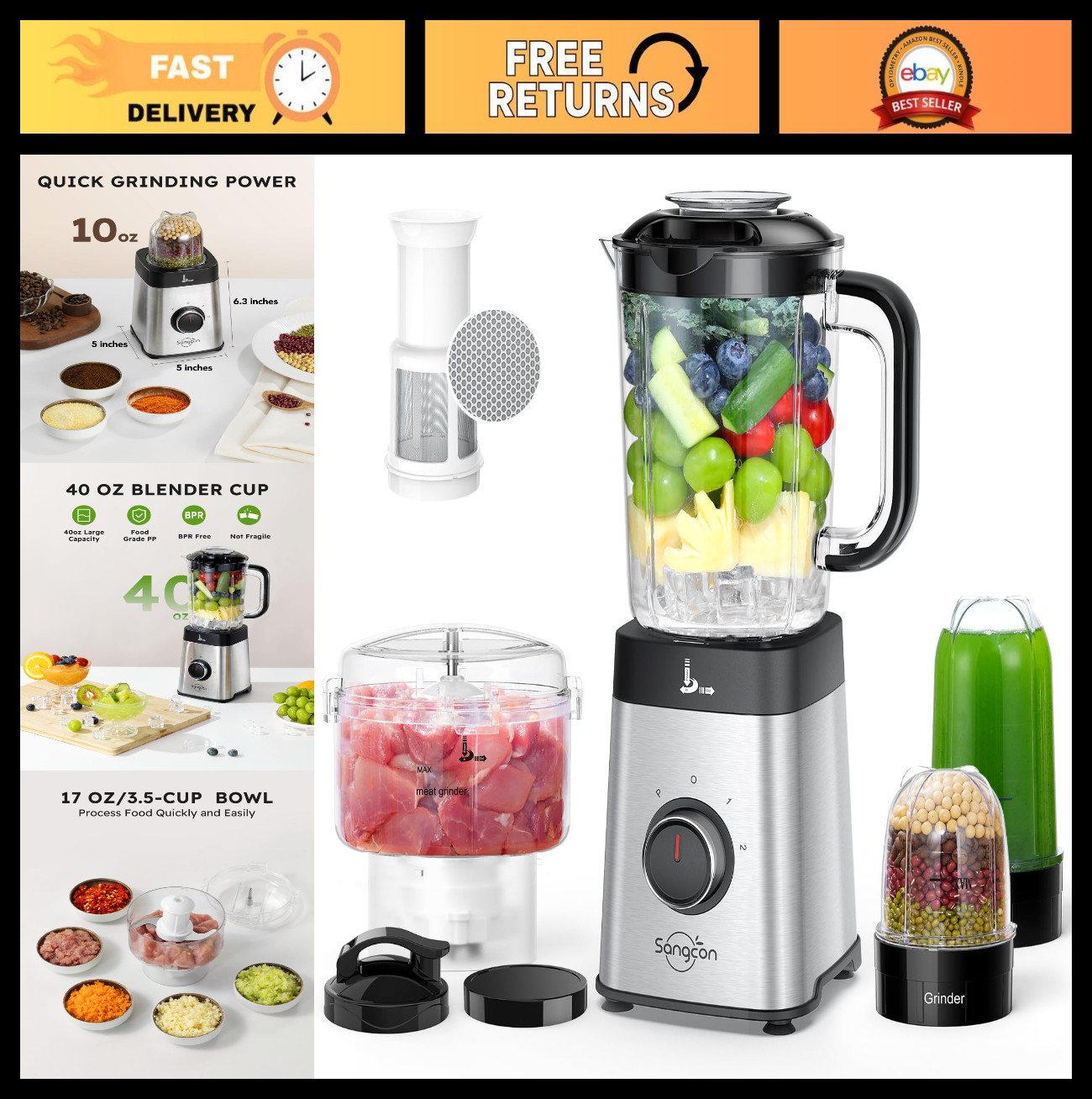 5-in-1 Kitchen Blender & Food Processor Combo - Smoothies, Chopping, Grinding, 4