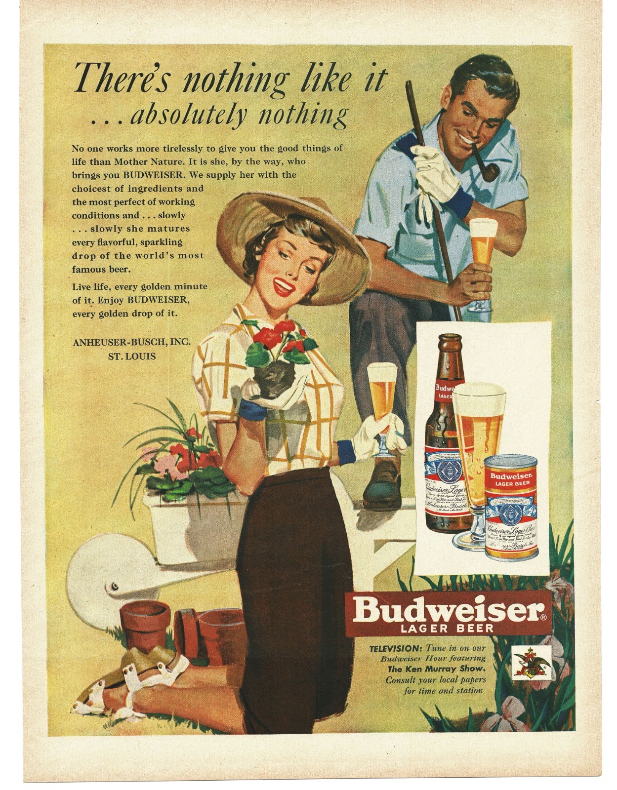 1950 Budweiser Beer Print Ad Gardening Briar Pipe Straw Hat Outdoor Decor