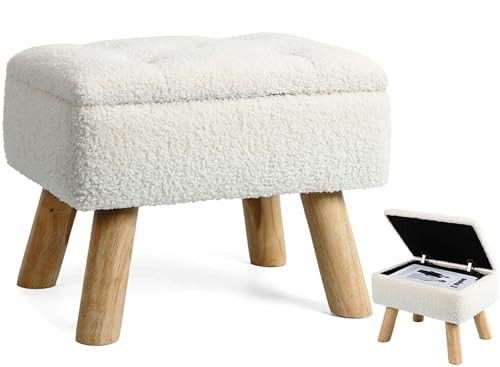 Storage Ottoman, Small Foot Stool Ottoman with Storage, Boucle Teddy Cream