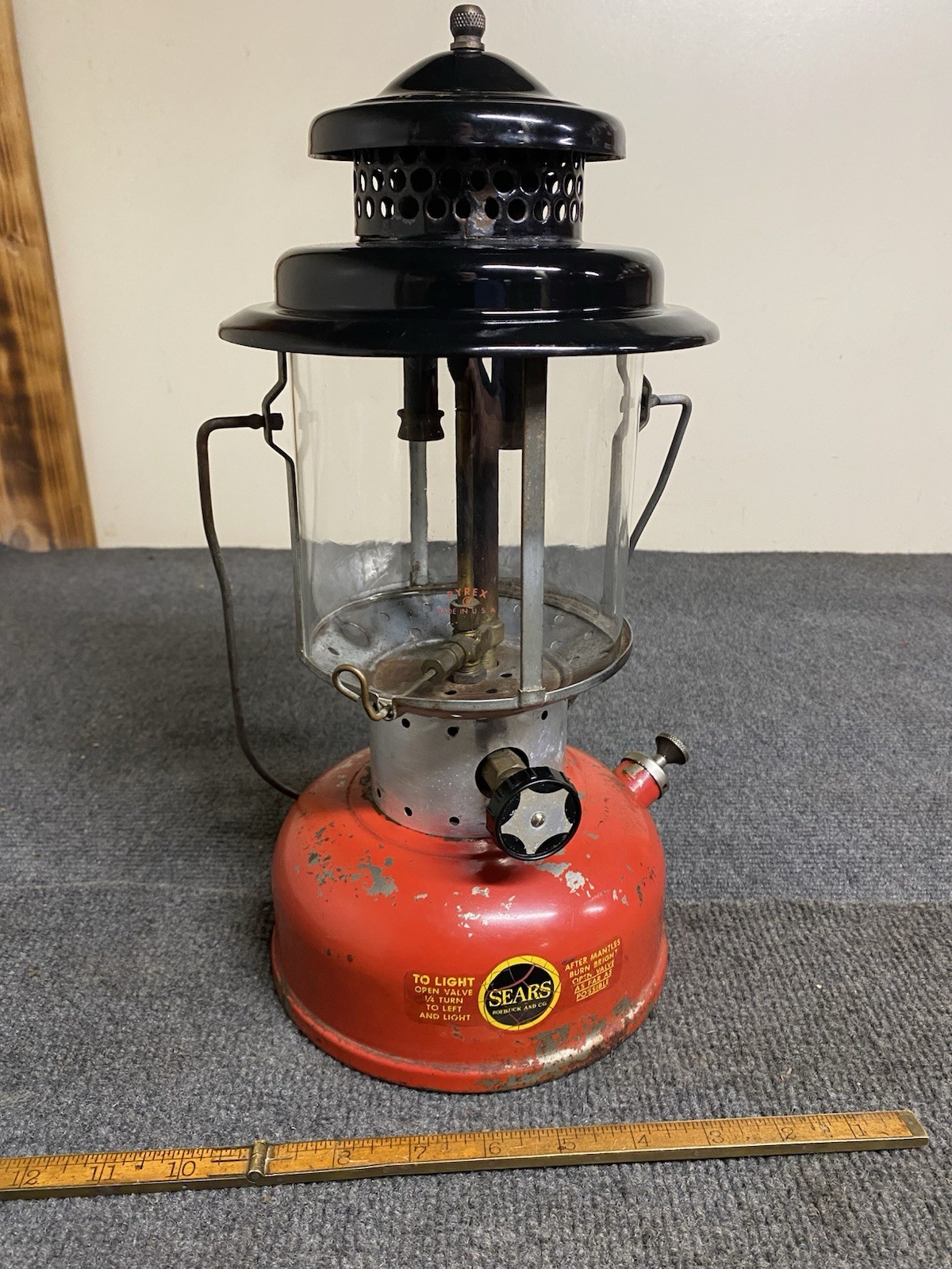 Vintage 1964 Sears Lantern Red And Black Coleman & Original Pyrex Globe USA