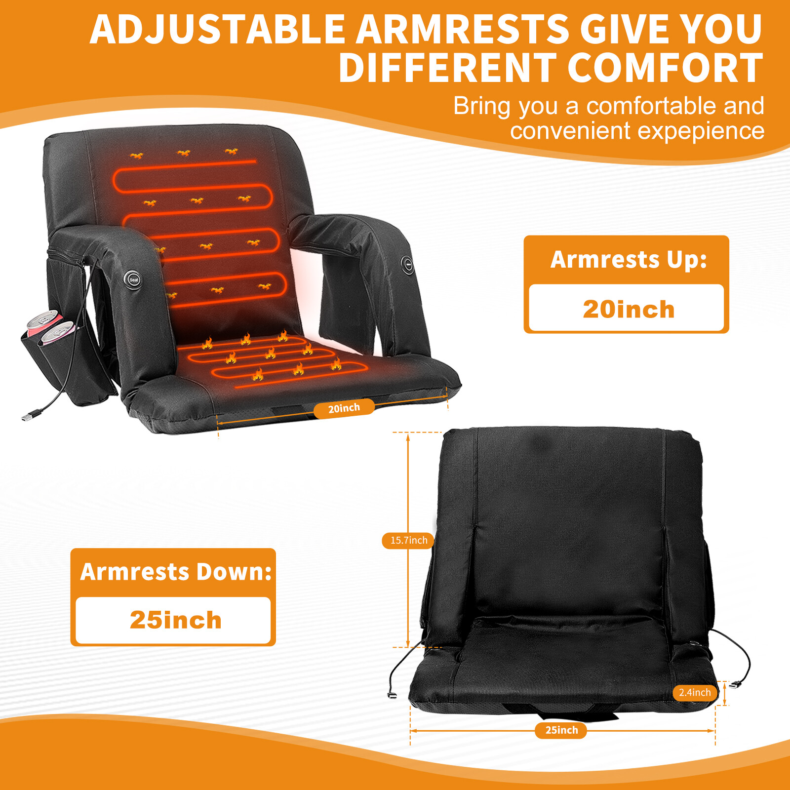 H&ZT 21"/ 25" Heated Stadium Seats for Bleachers with Back Support 3 Heat Model