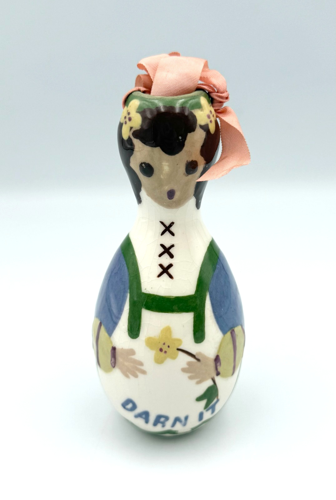 Vintage Darn It Doll Cleminson Pottery Darner 5" Pink Bow
