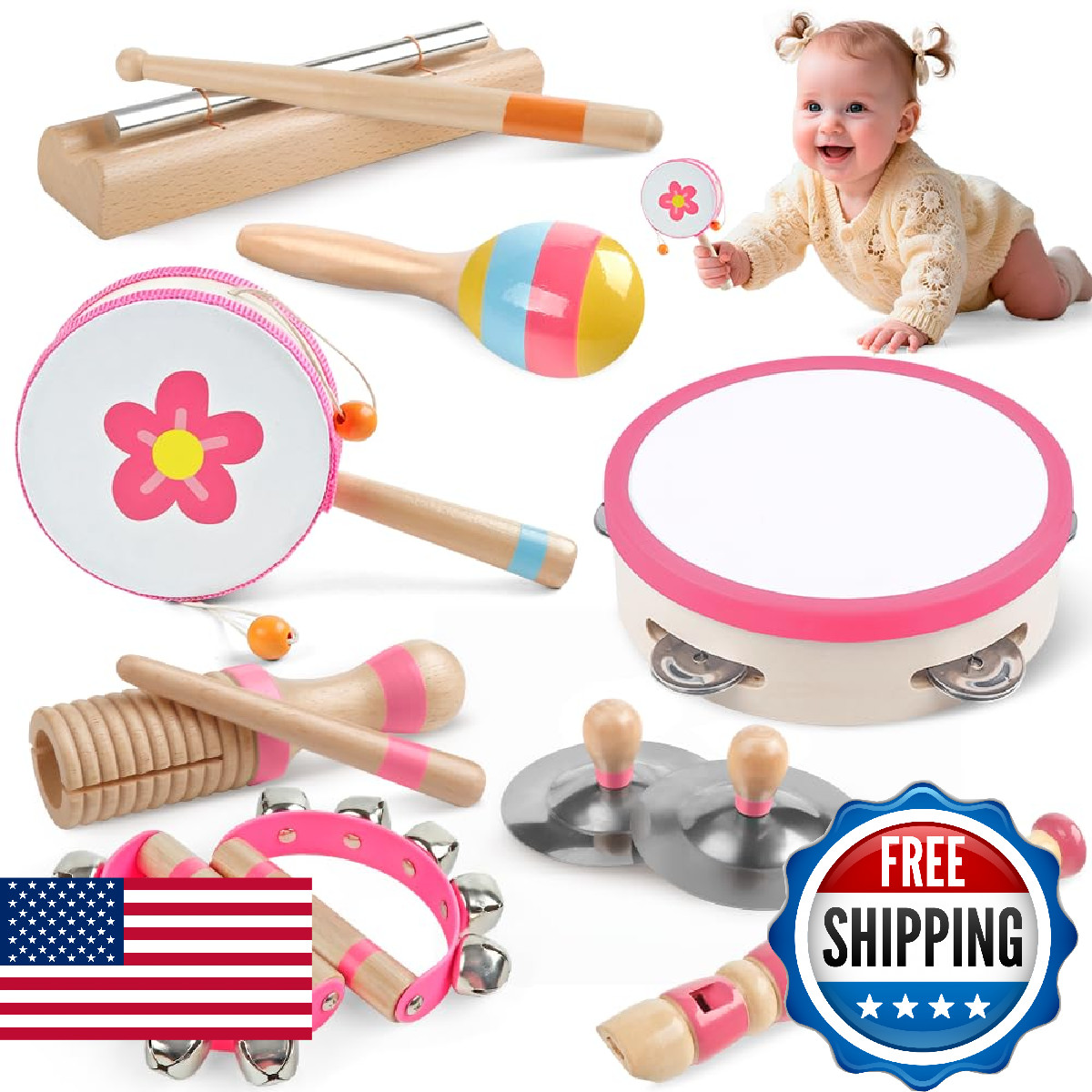 Toddlers Musical Instruments for 1 2 3 Year Old Girl,Baby Montessori Wooden Musi