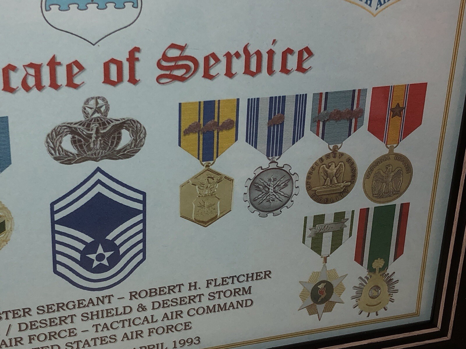 U.S. AIR FORCE CERTIFICATE OF SERVICE / SHADOW BOX PRINT / W-MEDALS