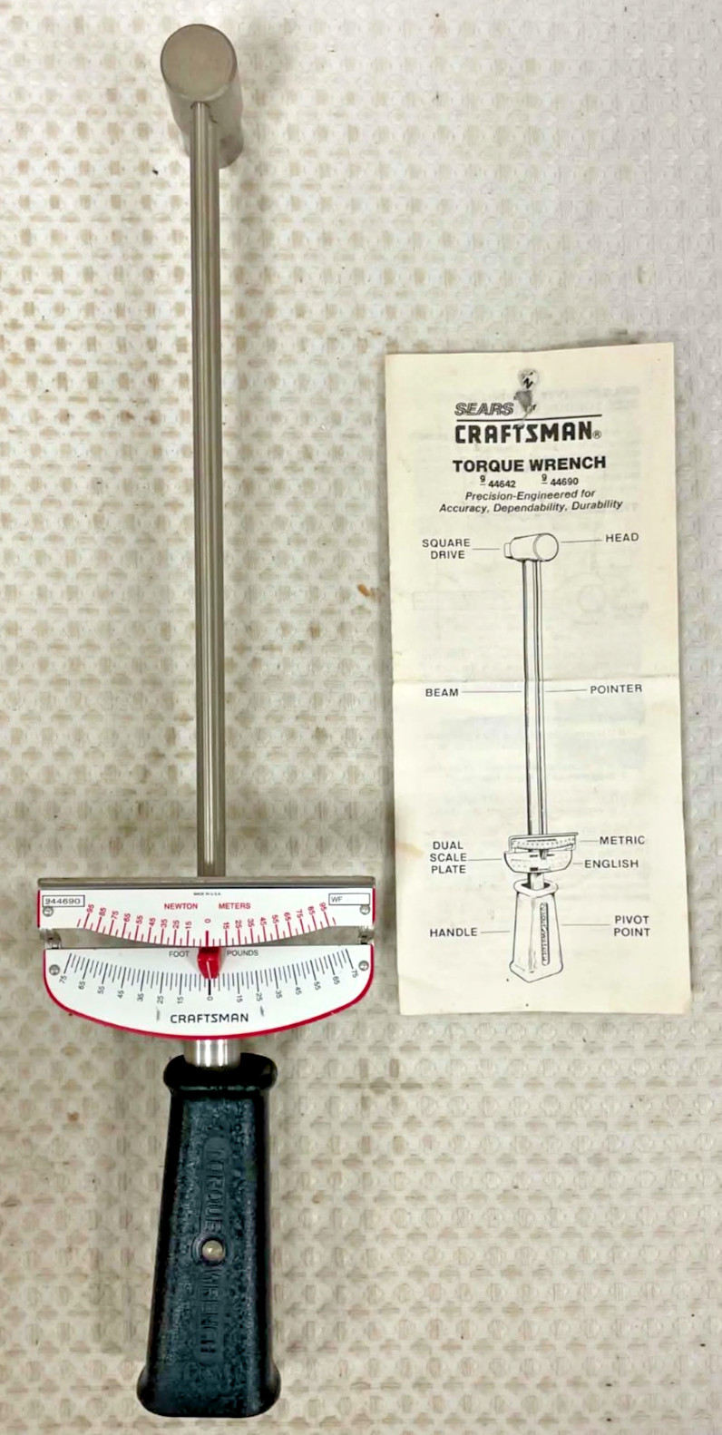 Vintage Craftsman 3/8" Drive Beam Torque Wrench 9-44690 0-75 Ft-Lbs USA Manual