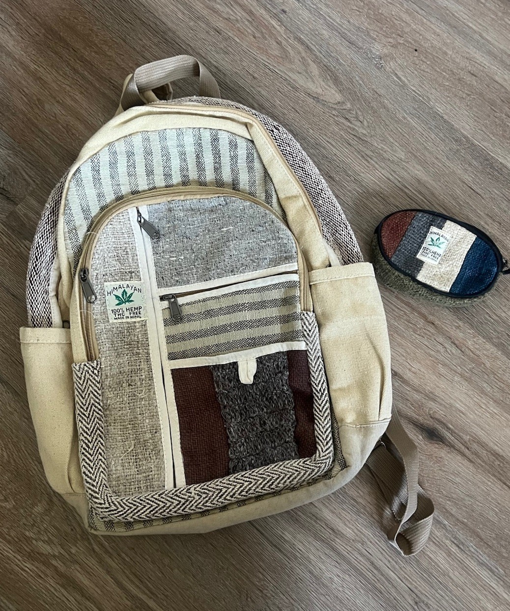 Himalayan Hemp THC-Free Backpack Beige Multicolor Nepal with wallet NWOT